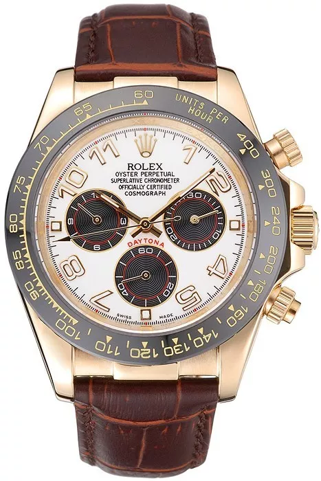 Aaa replica watch Rolex Cosmograph Daytona Gold Case Black Subdials Brown Leather Bracelet 622634 0128