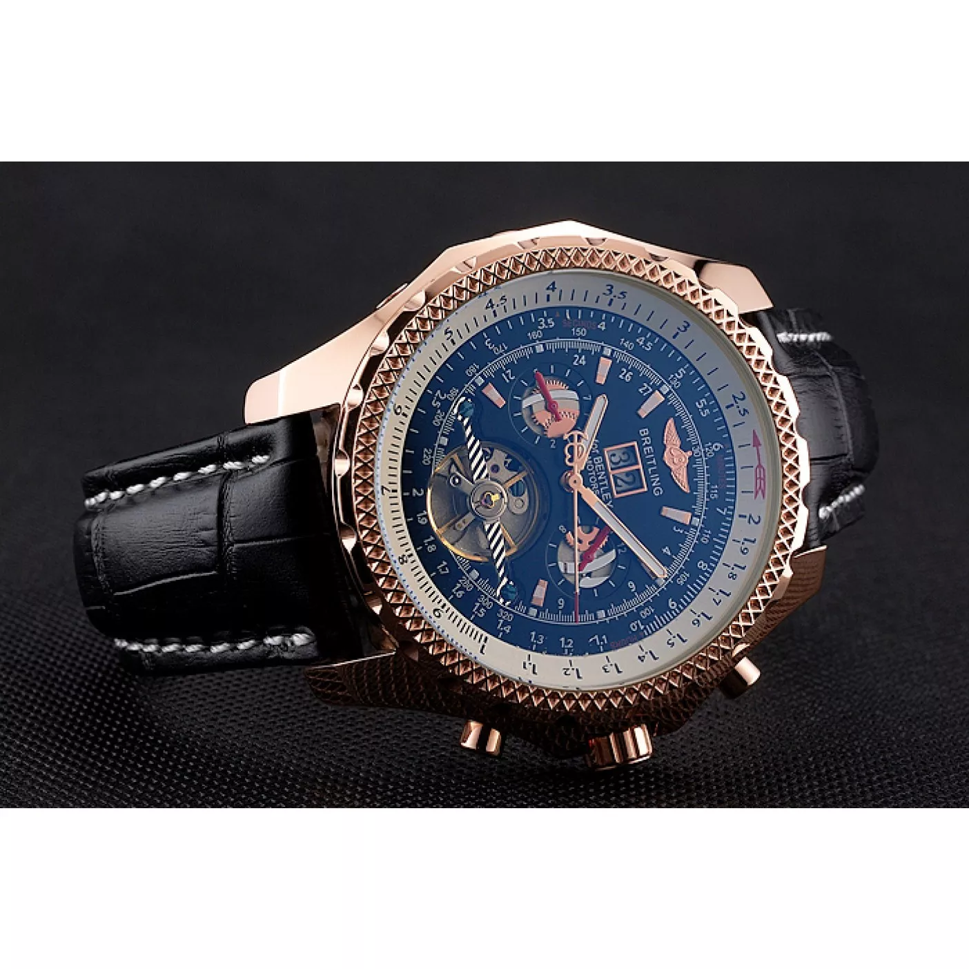 Aaa replica watch Breitling For Bentley Mulliner Tourbillon Black Dial Rose Gold Case Black Leather Strap 0124