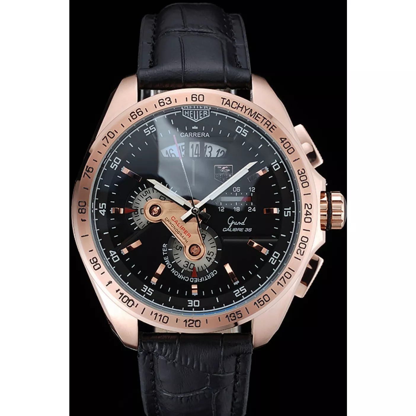 Tag Heuer Carrera Rose Gold Bezel with Black Dial and Black Leather Strap 621538 0123