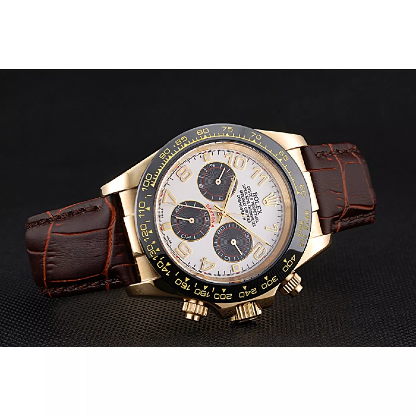 Aaa replica watch Rolex Cosmograph Daytona Gold Case Black Subdials Brown Leather Bracelet 622634 0128