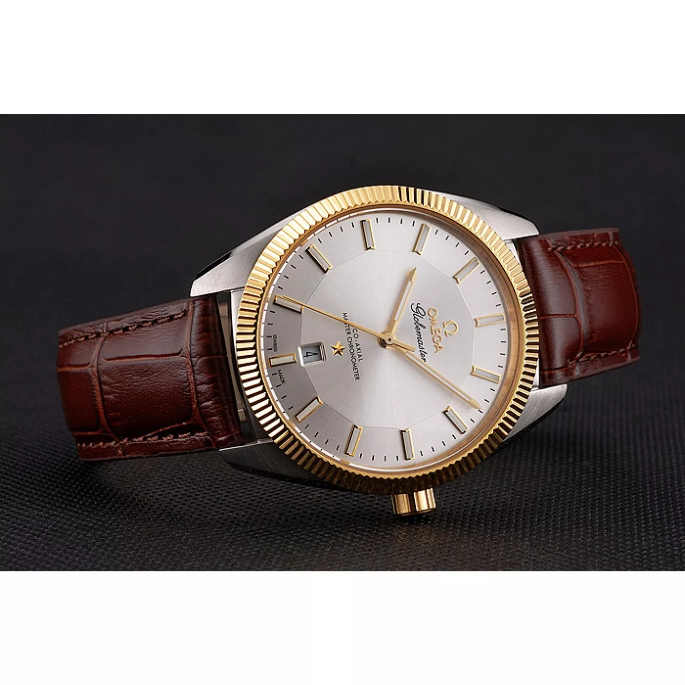 Aaa fake watches Omega Globemaster Silver Dial Gold Bezel Stainless Steel Case Brown Leather Strap 0120