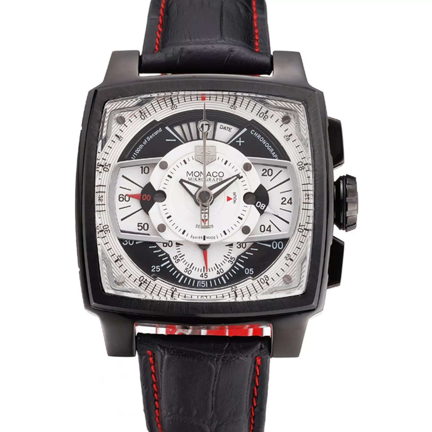 Tag Heuer Monaco Black-Red Perforated Leather Strap White Dial 80307 0123