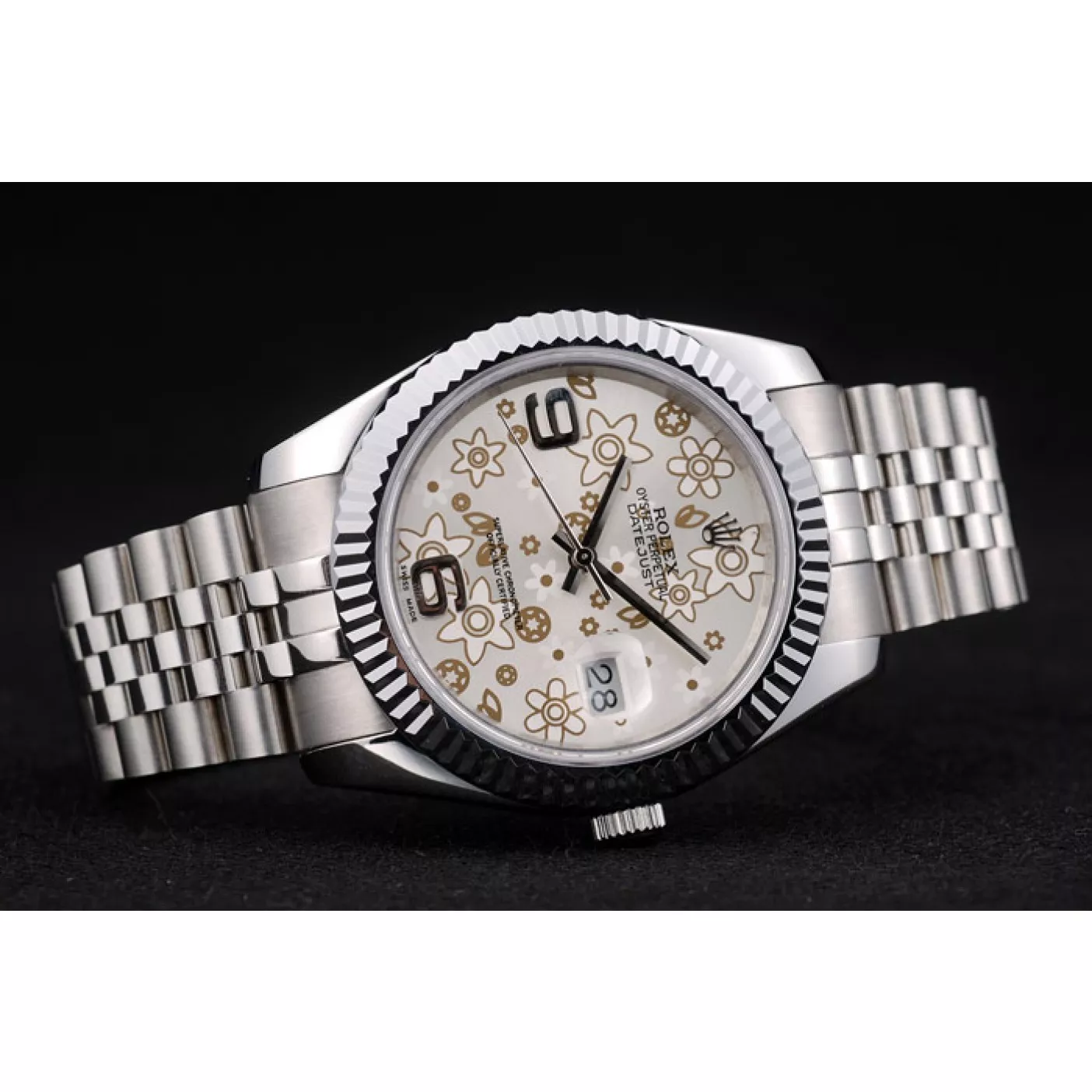 Aaa replica watch Rolex DateJust Stainless Steel Ribbed Bezel Flower Silver Dial 41983 0128