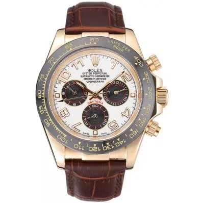 Aaa replica watch Rolex Cosmograph Daytona Gold Case Black Subdials Brown Leather Bracelet 622634 0128