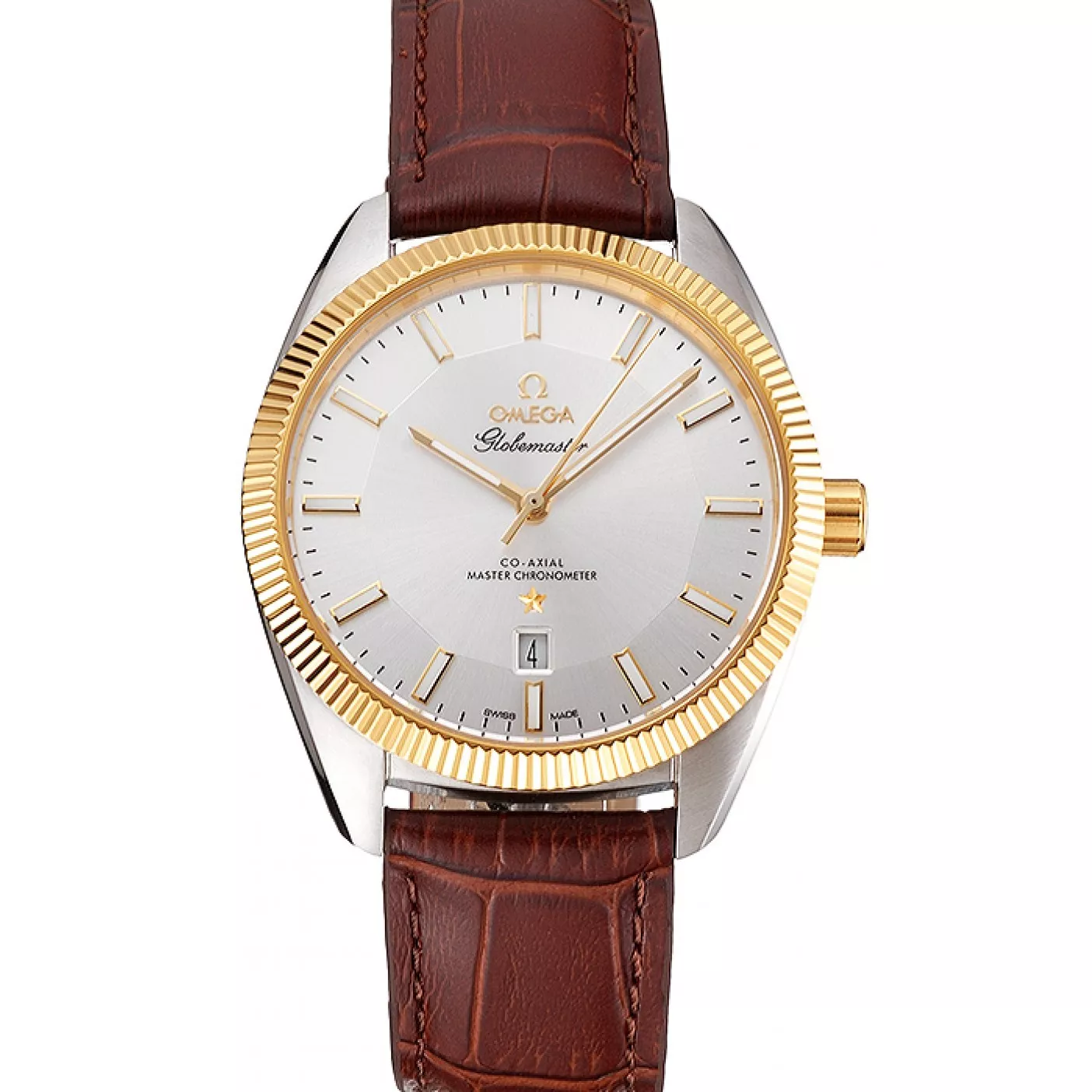 Omega Globemaster Silver Dial Gold Bezel Stainless Steel Case Brown Leather Strap 0120