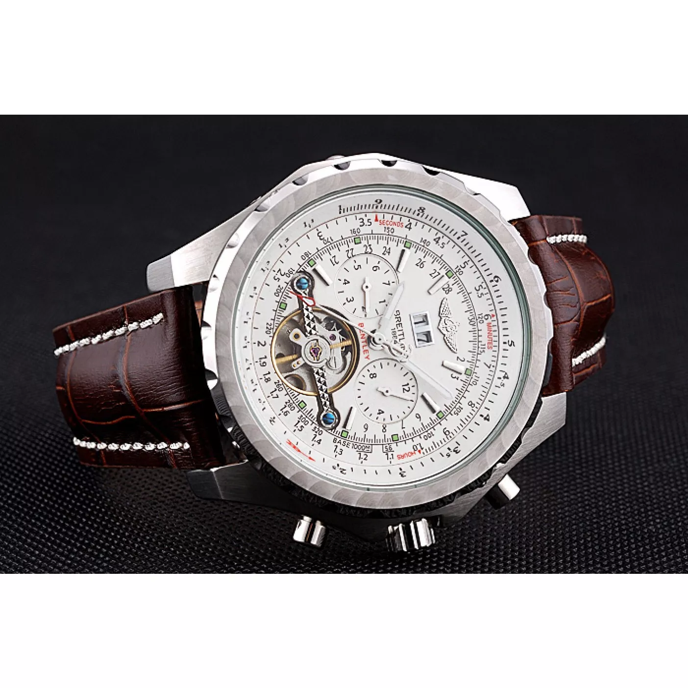 Aaa replica Breitling Bentley Mulliner Tourbillon White Dial Stainless Steel Case Brown Leather Strap 622729 0124