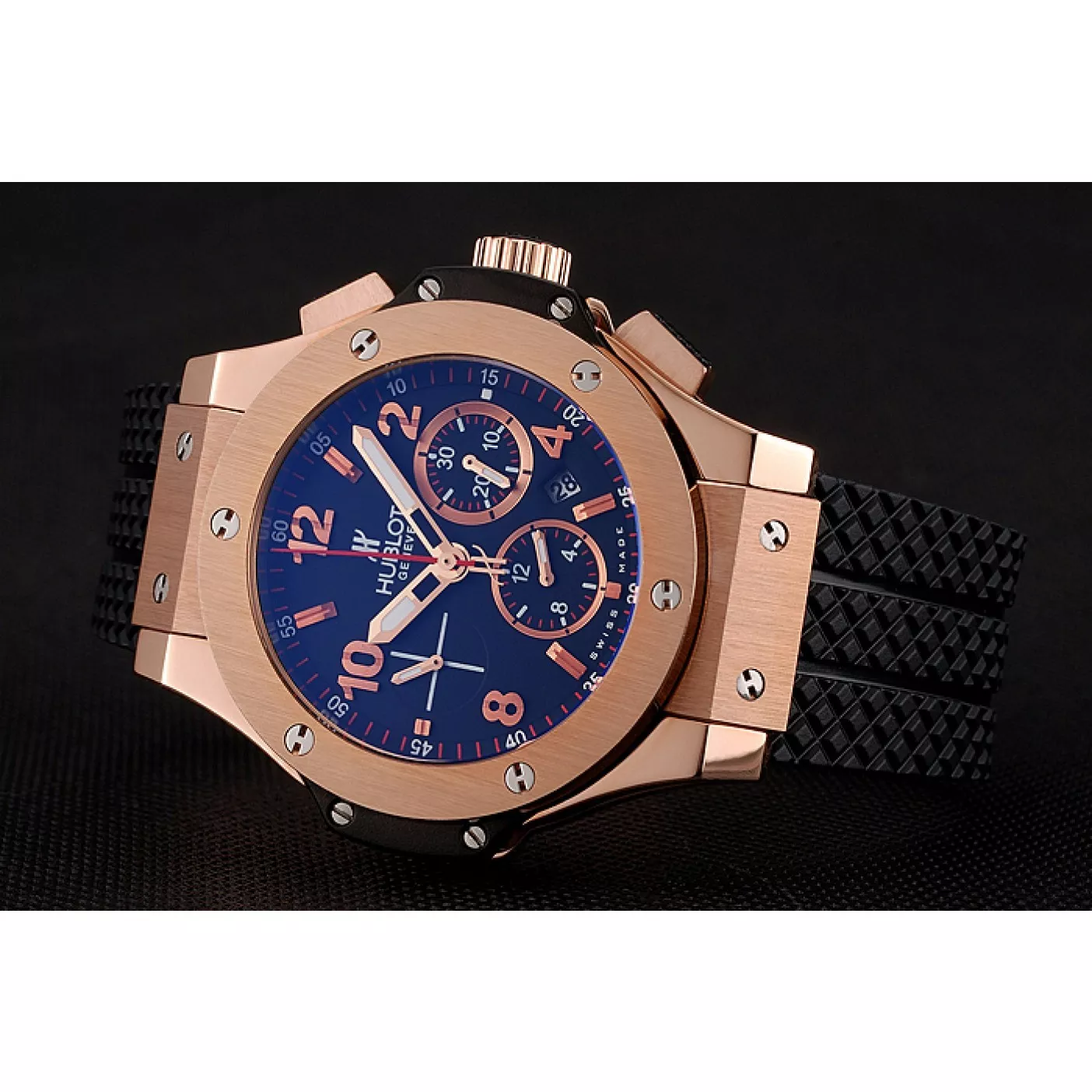 Aaa fake watches Swiss Hublot Big Bang Black Dial Rose Gold Case Black Rubber Bracelet 1453898 0129