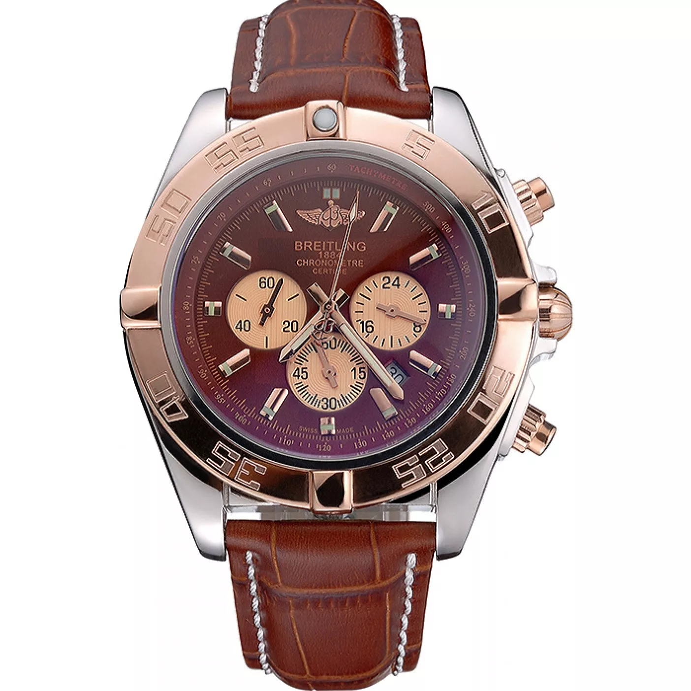 Breitling Chronomat Brown Dial Rose Gold Bezel And Subdials Stainless Steel Case Brown Leather Strap 0124