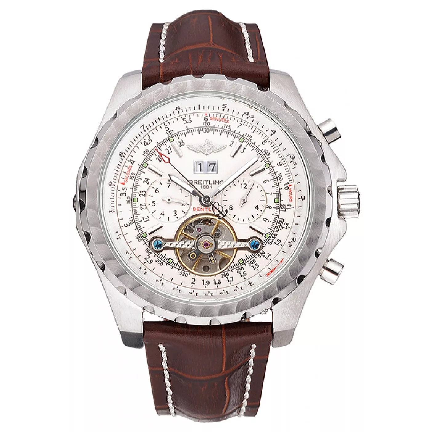 Breitling Bentley Mulliner Tourbillon White Dial Stainless Steel Case Brown Leather Strap 622729 0124