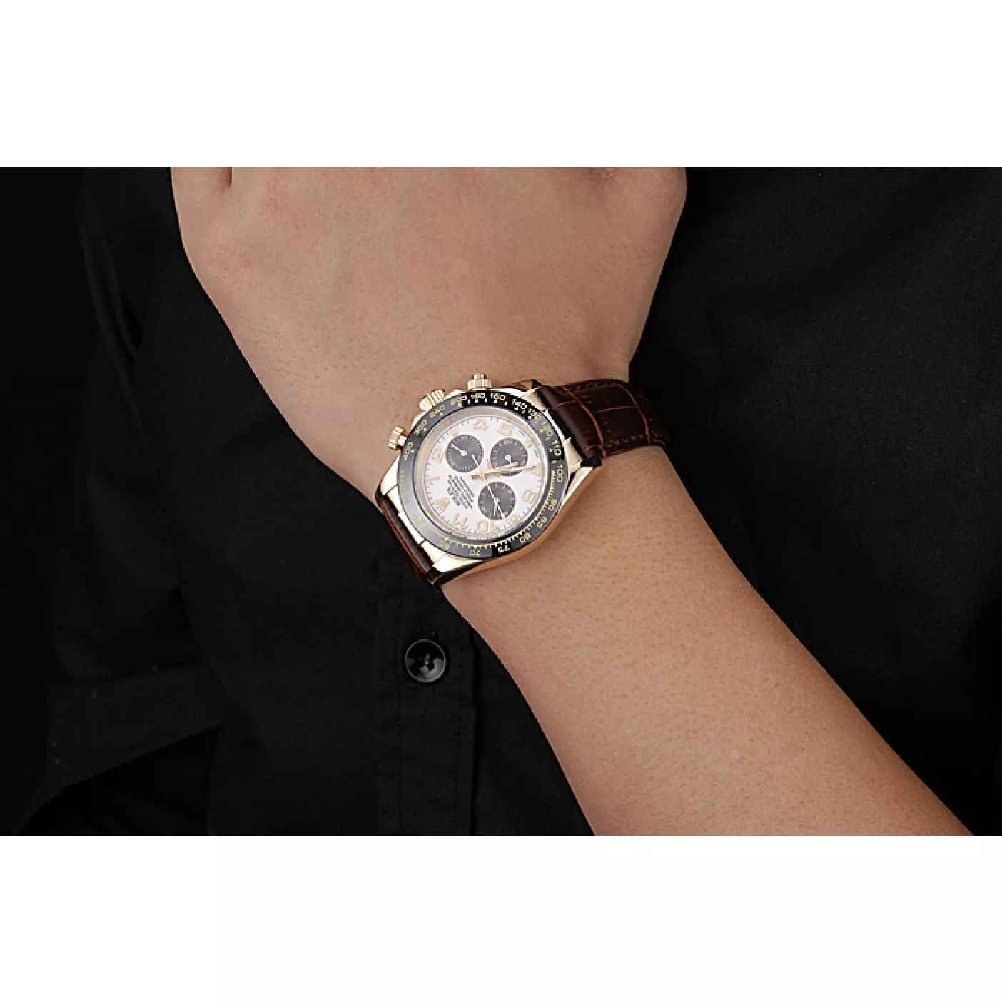 Aaa replica watch Rolex Cosmograph Daytona Gold Case Black Subdials Brown Leather Bracelet 622634 0128