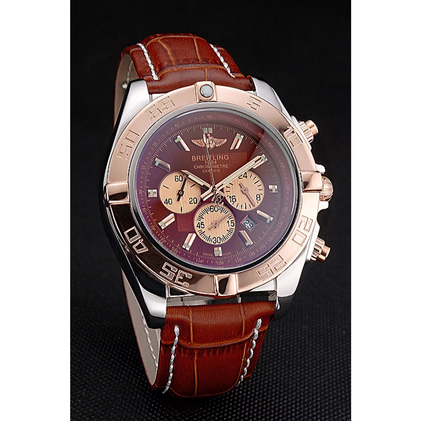 Aaa replica watch Breitling Chronomat Brown Dial Rose Gold Bezel And Subdials Stainless Steel Case Brown Leather Strap 0124