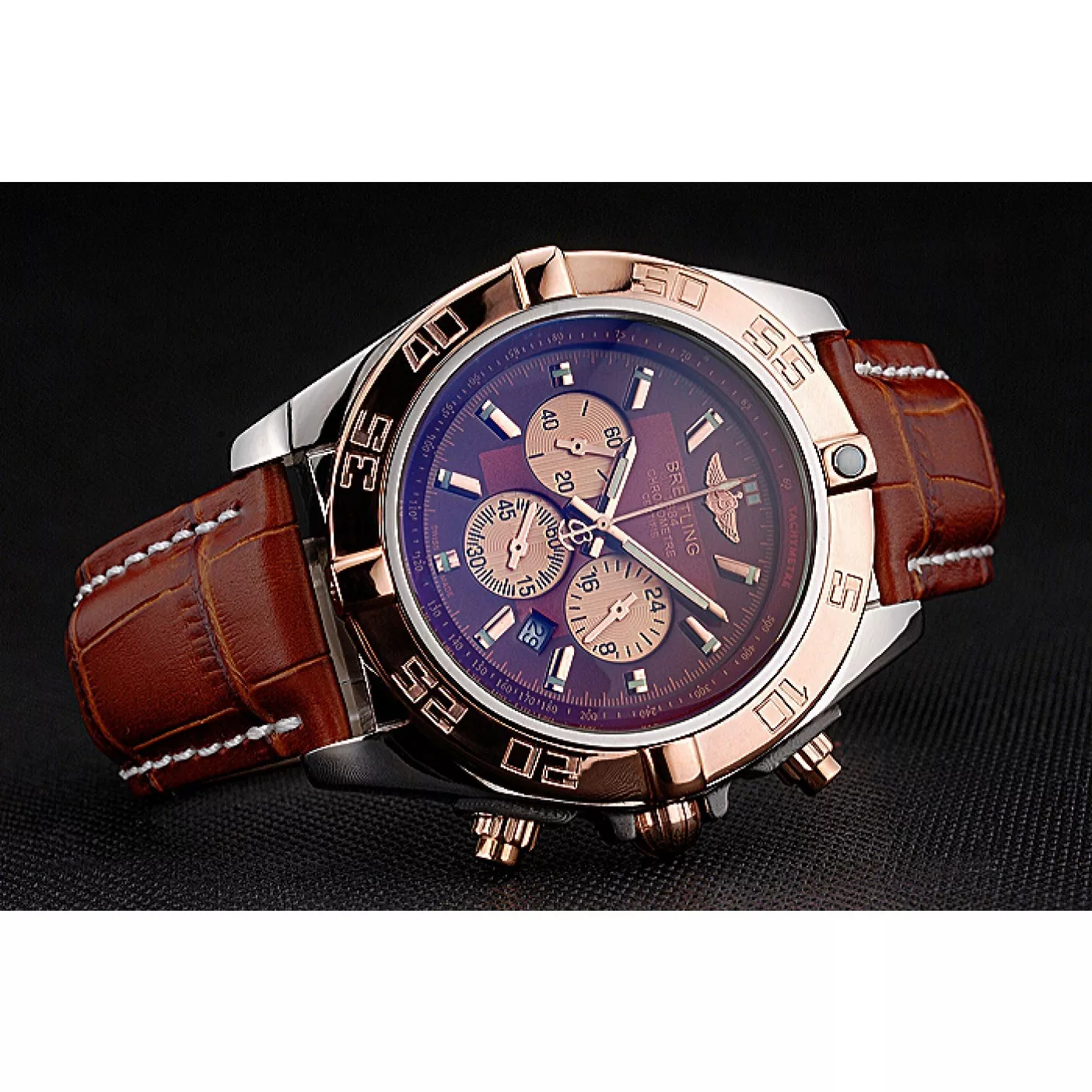 Aaa replica watch Breitling Chronomat Brown Dial Rose Gold Bezel And Subdials Stainless Steel Case Brown Leather Strap 0124