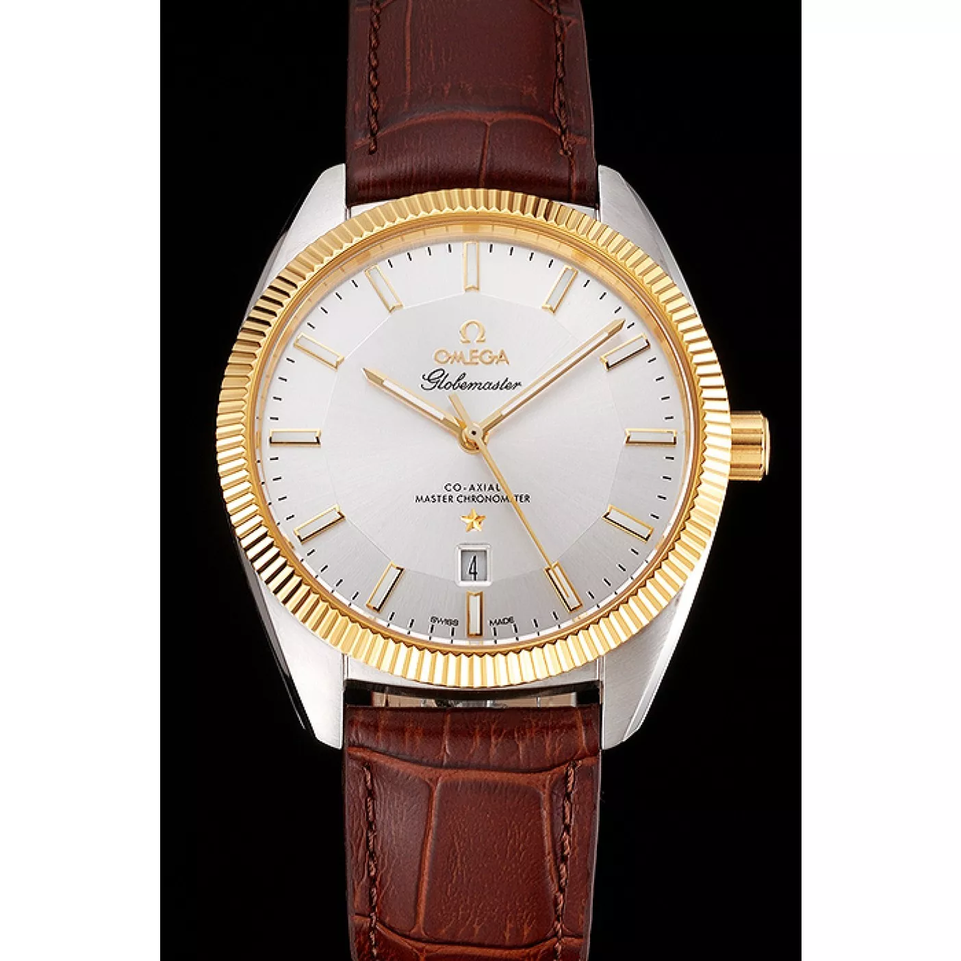 Aaa fake watches Omega Globemaster Silver Dial Gold Bezel Stainless Steel Case Brown Leather Strap 0120