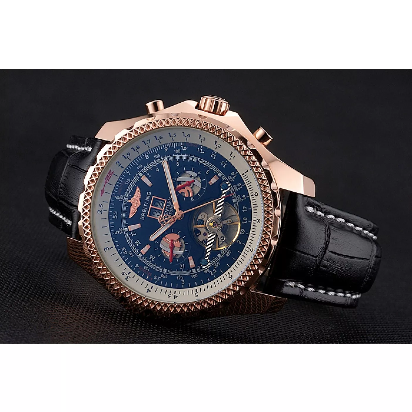 Aaa replica watch Breitling For Bentley Mulliner Tourbillon Black Dial Rose Gold Case Black Leather Strap 0124