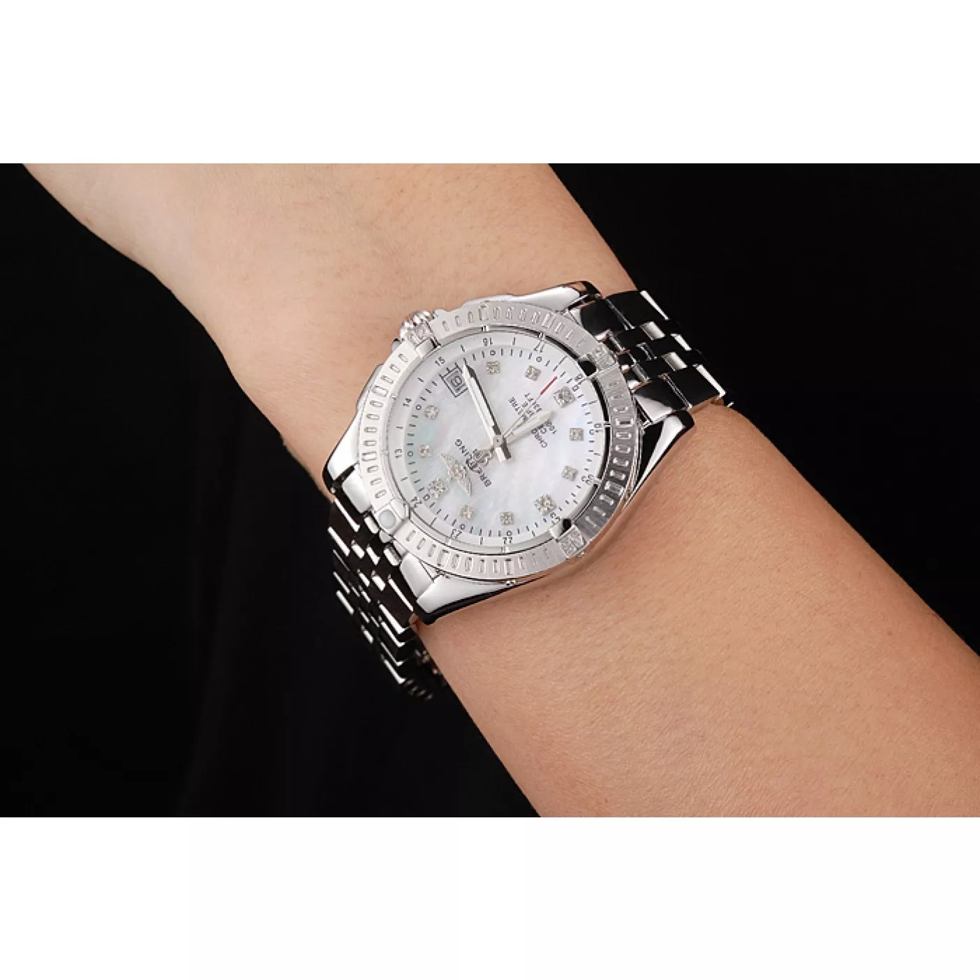 Aaa fake watches Breitling Colt Lady Pearl Dial Diamond Hour Marks Stainless Steel Case And Bracelet 0122