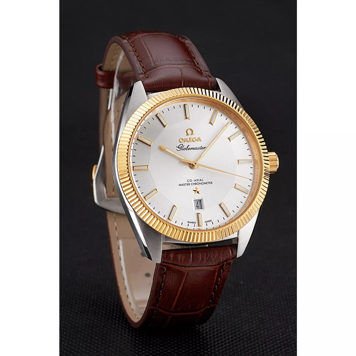 Aaa fake watches Omega Globemaster Silver Dial Gold Bezel Stainless Steel Case Brown Leather Strap 0120