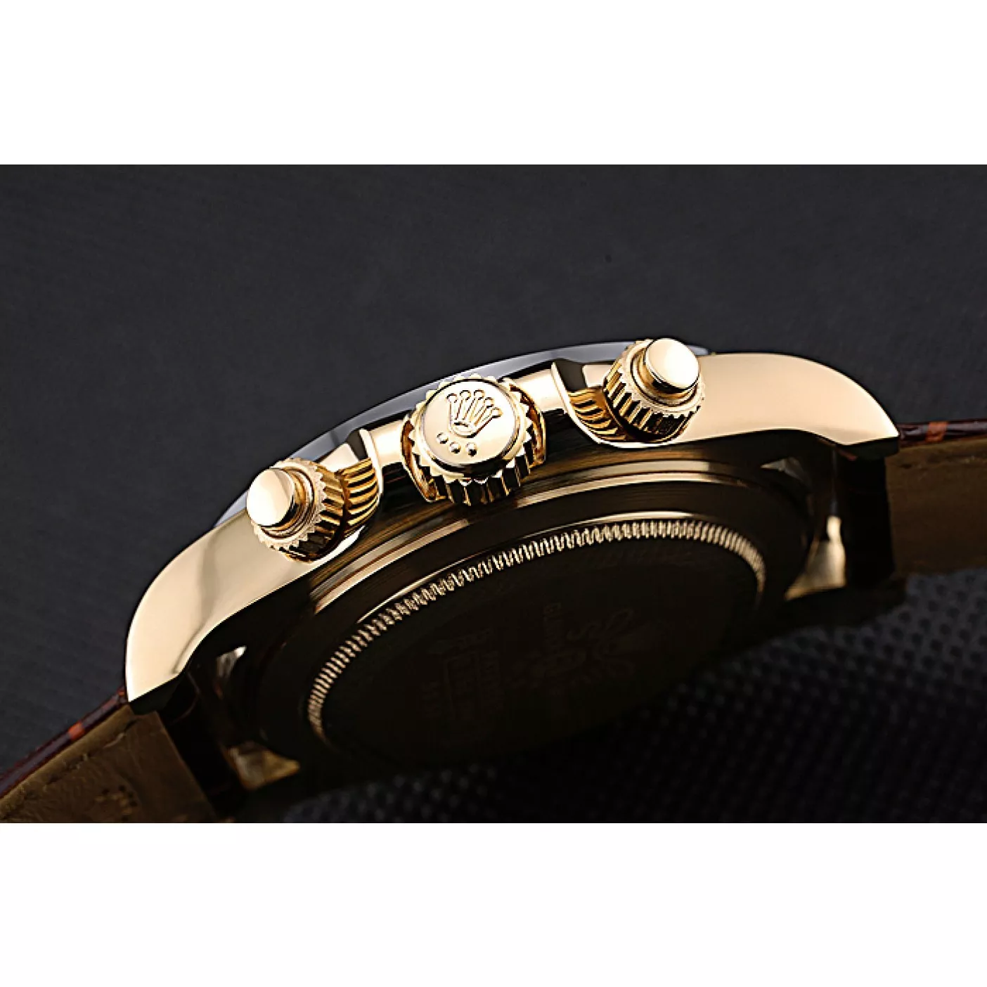 Aaa replica watch Rolex Cosmograph Daytona Gold Case Black Subdials Brown Leather Bracelet 622634 0128