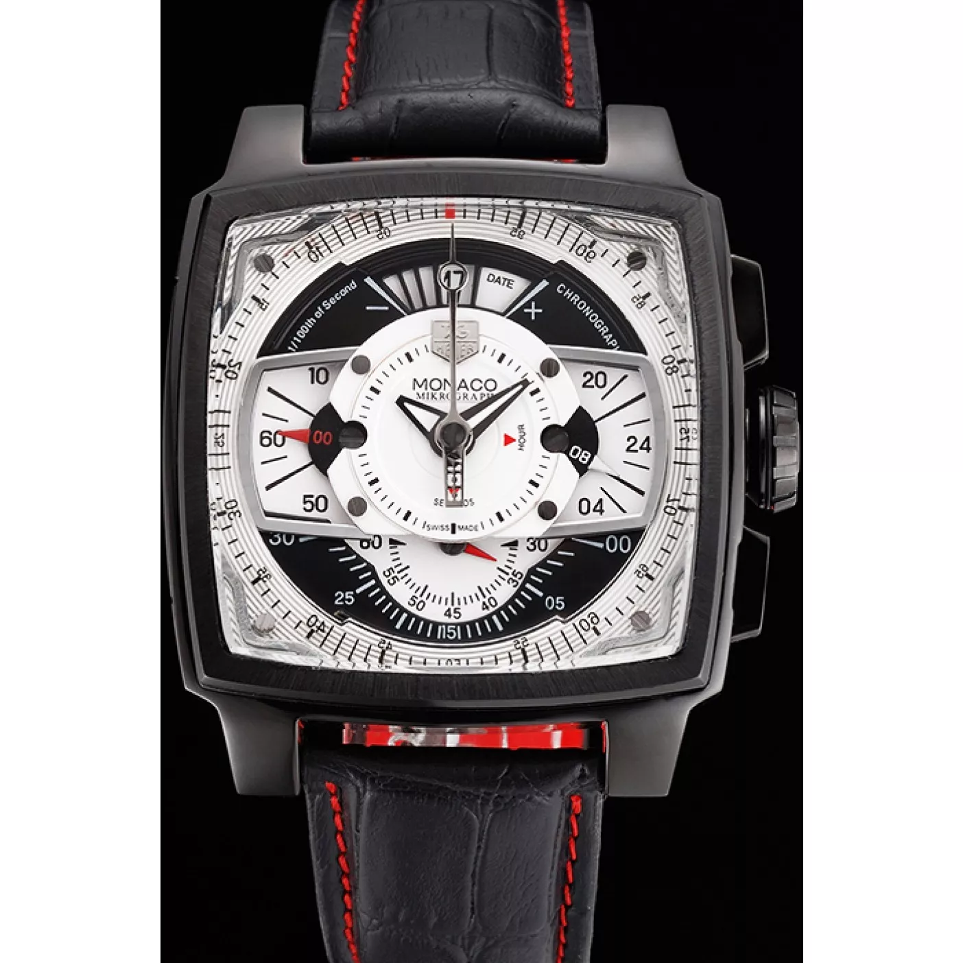 Aaa replica Tag Heuer Monaco Black-Red Perforated Leather Strap White Dial 80307 0123