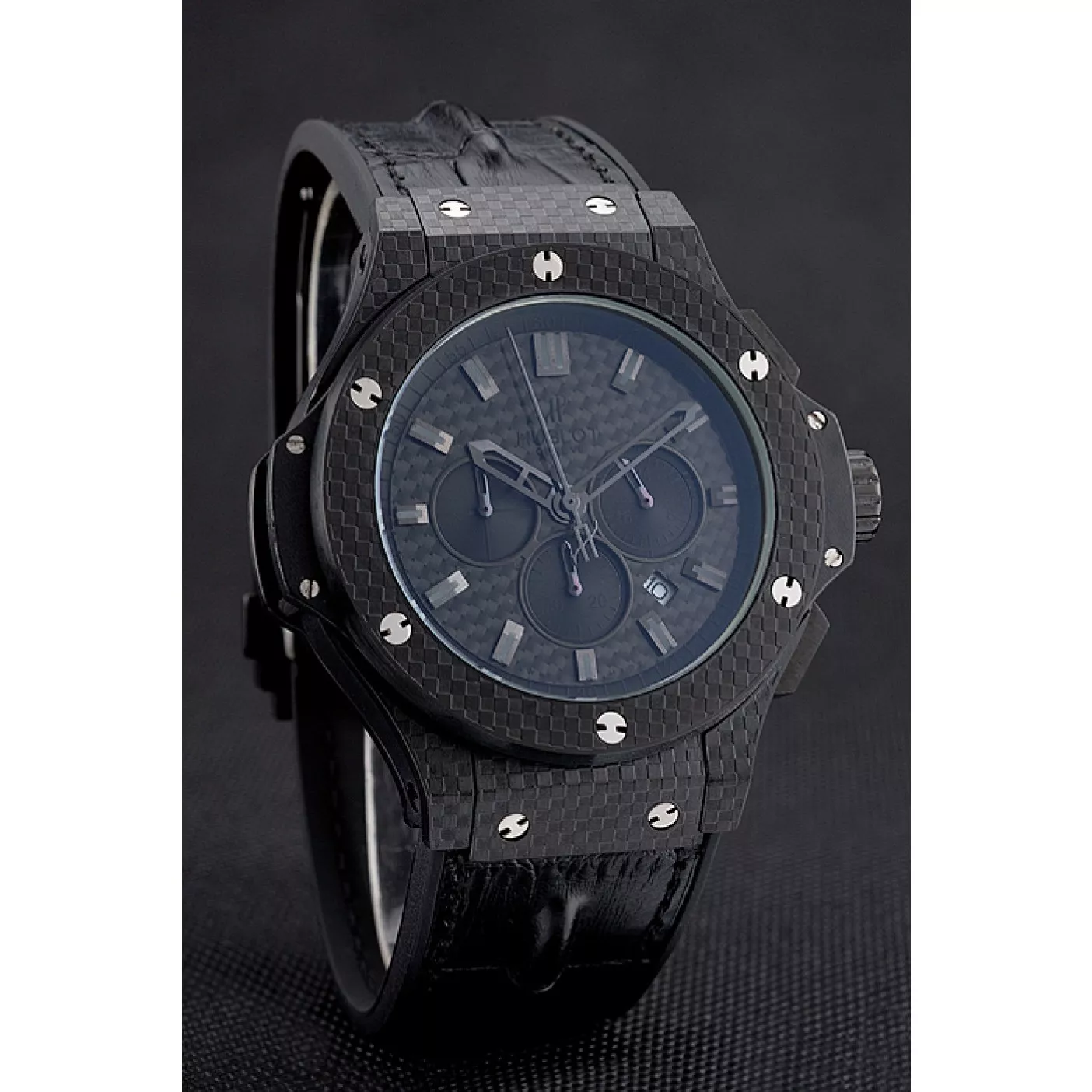 Aaa replica Hublot Big Bang Carbon Dial Carbon Case And Bezel Black Leather Strap 622773 0129