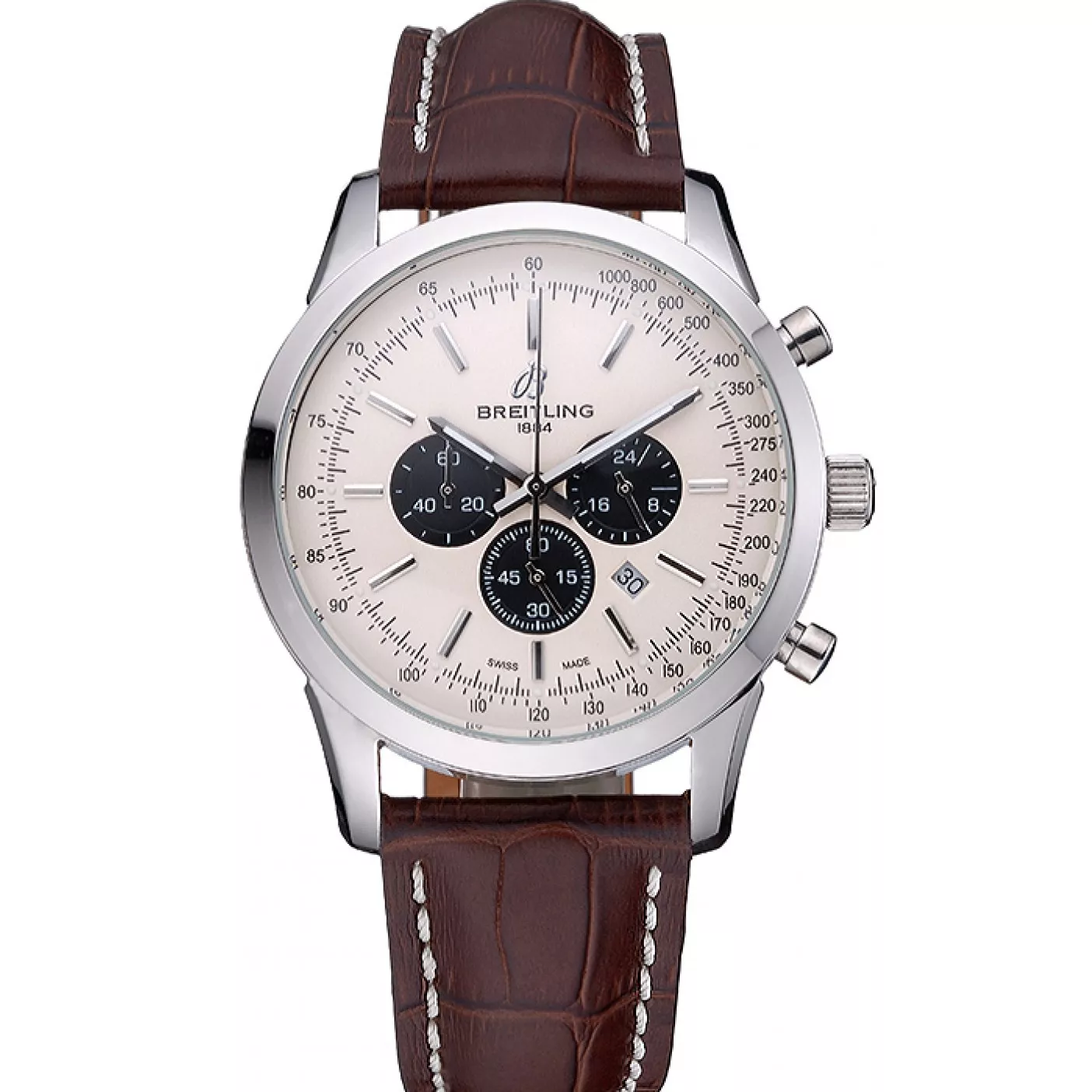 Breitling Transocean Chronograph White Dial Stainless Steel Case Brown Leather Bracelet 622243 0117