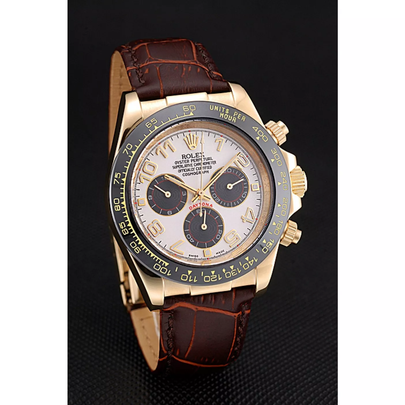 Aaa replica watch Rolex Cosmograph Daytona Gold Case Black Subdials Brown Leather Bracelet 622634 0128