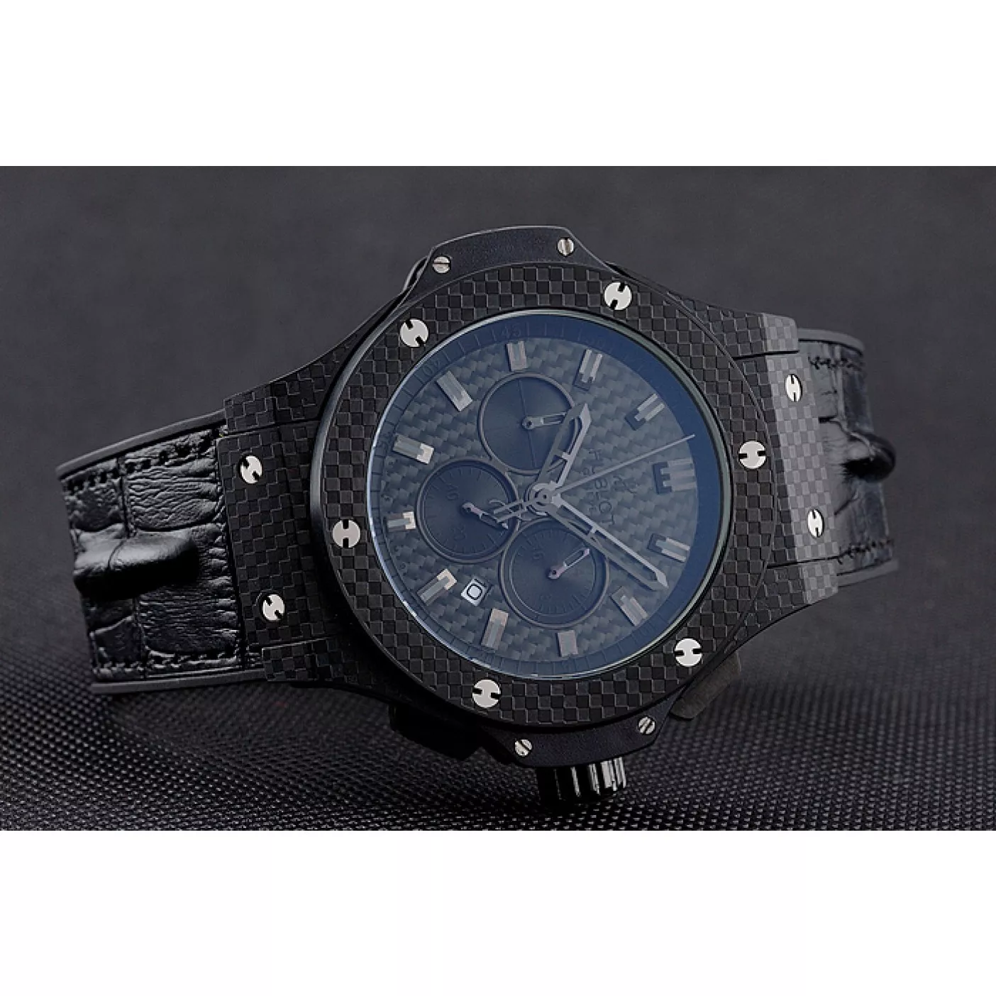 Aaa replica Hublot Big Bang Carbon Dial Carbon Case And Bezel Black Leather Strap 622773 0129