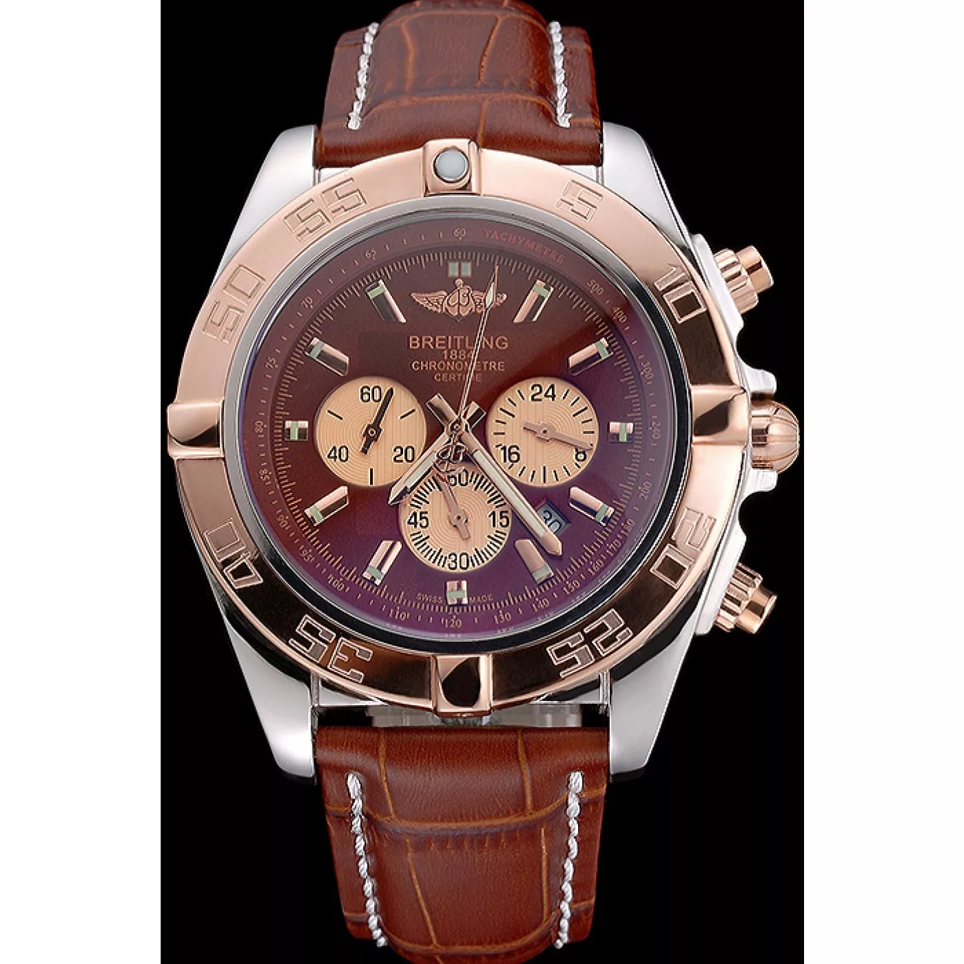 Aaa replica watch Breitling Chronomat Brown Dial Rose Gold Bezel And Subdials Stainless Steel Case Brown Leather Strap 0124