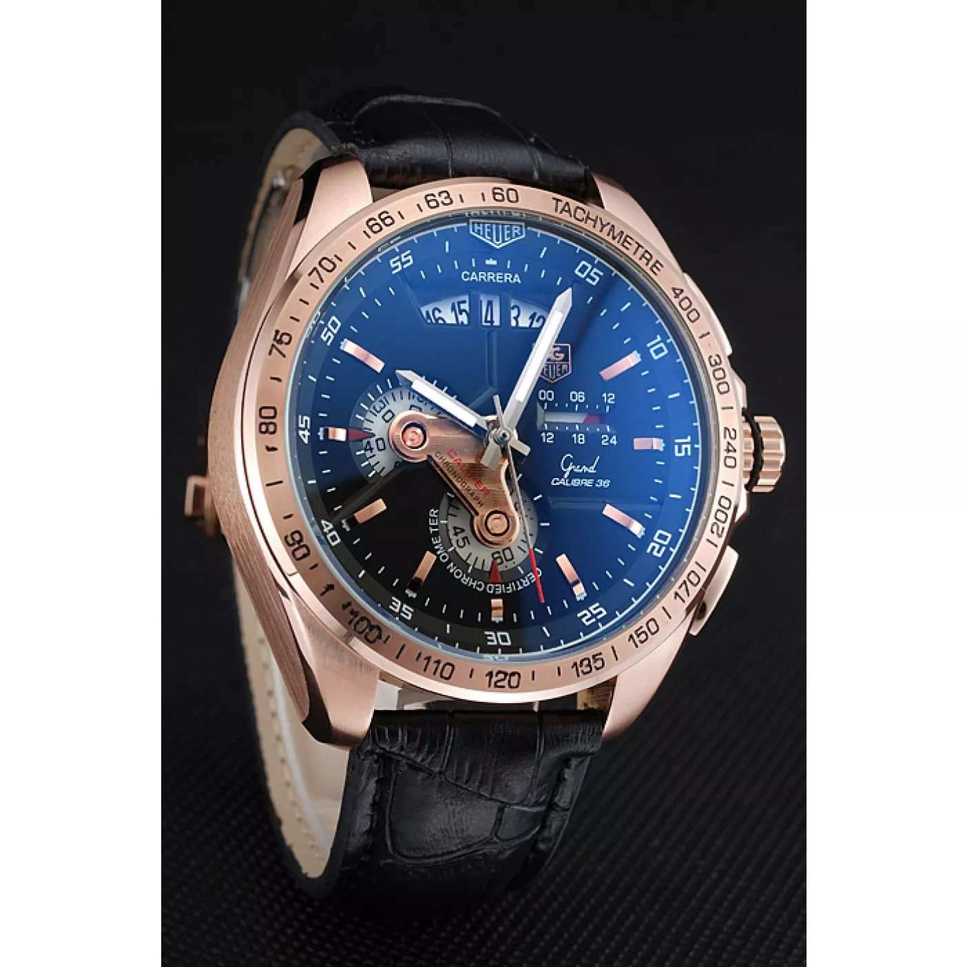 Aaa replica Tag Heuer Carrera Rose Gold Bezel with Black Dial and Black Leather Strap 621538 0123