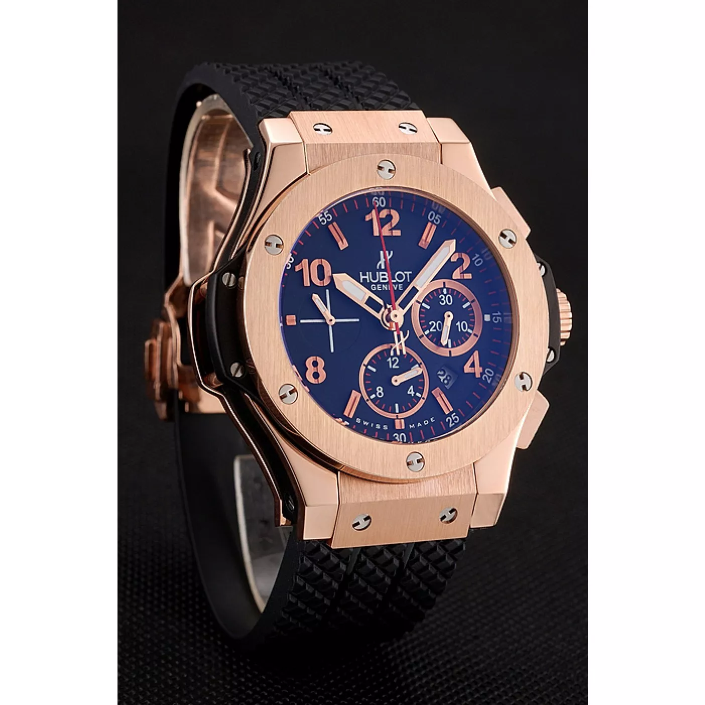 Aaa fake watches Swiss Hublot Big Bang Black Dial Rose Gold Case Black Rubber Bracelet 1453898 0129