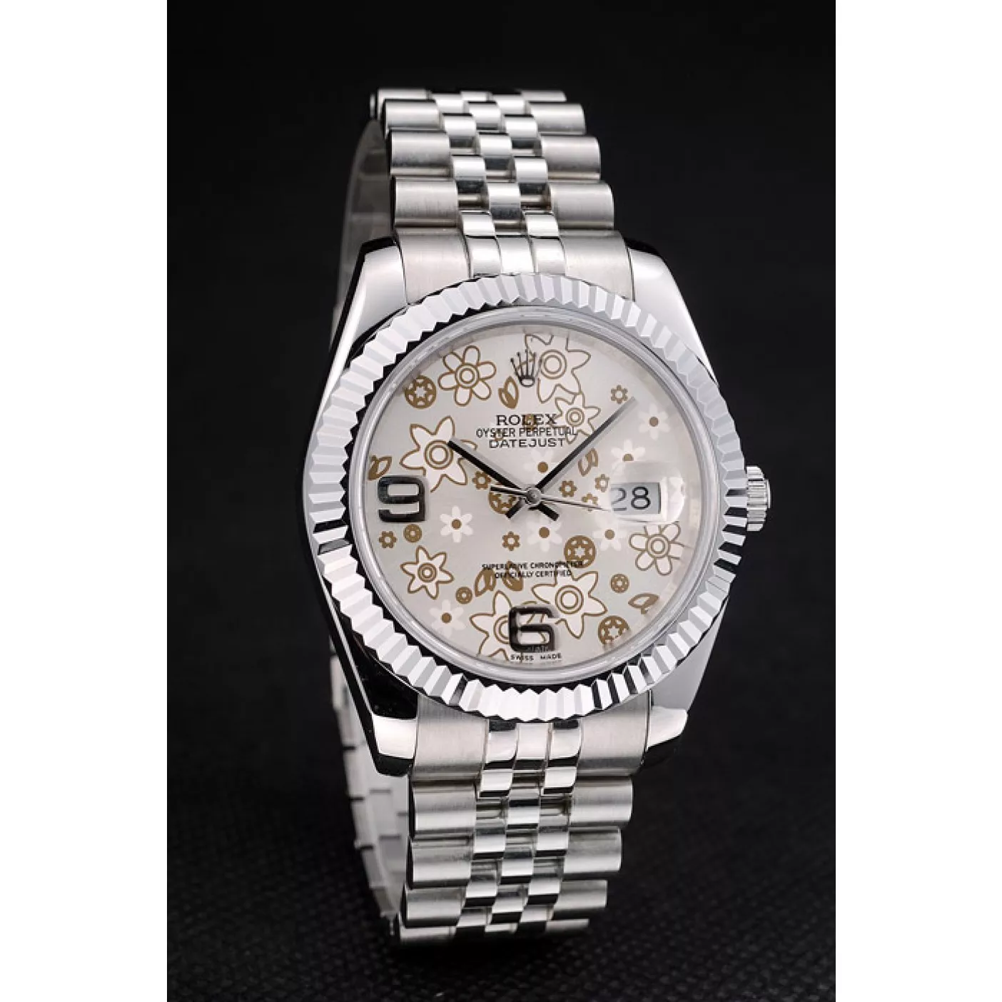 Aaa replica watch Rolex DateJust Stainless Steel Ribbed Bezel Flower Silver Dial 41983 0128