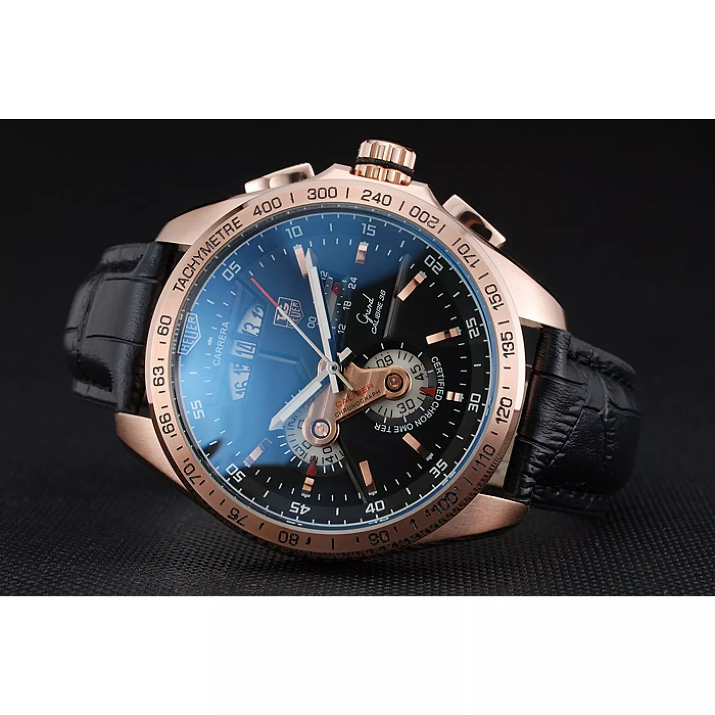 Aaa replica Tag Heuer Carrera Rose Gold Bezel with Black Dial and Black Leather Strap 621538 0123