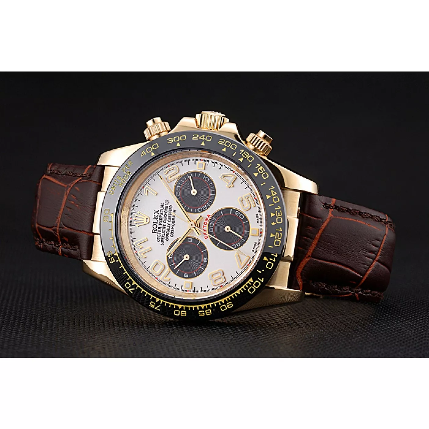 Aaa replica watch Rolex Cosmograph Daytona Gold Case Black Subdials Brown Leather Bracelet 622634 0128