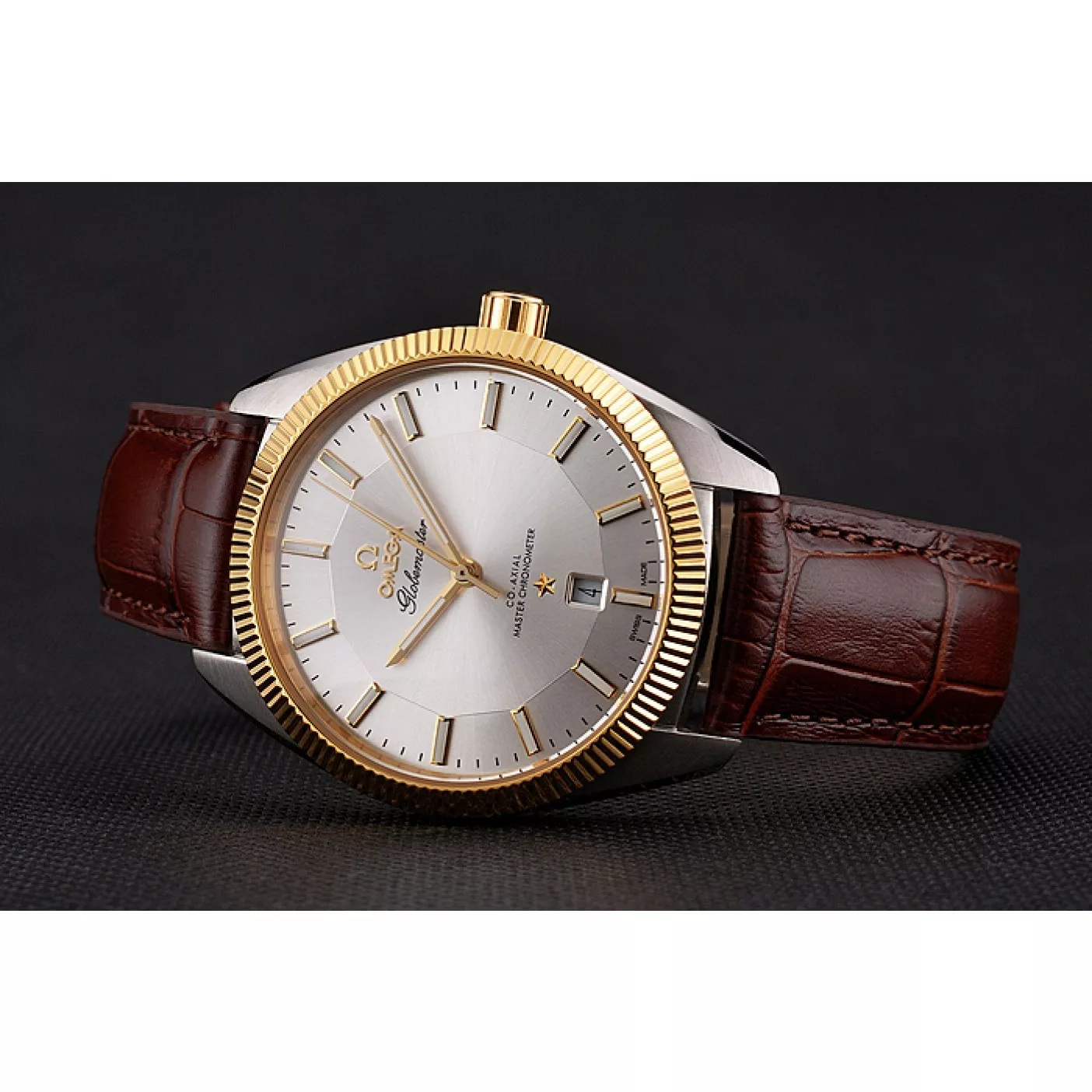 Aaa fake watches Omega Globemaster Silver Dial Gold Bezel Stainless Steel Case Brown Leather Strap 0120