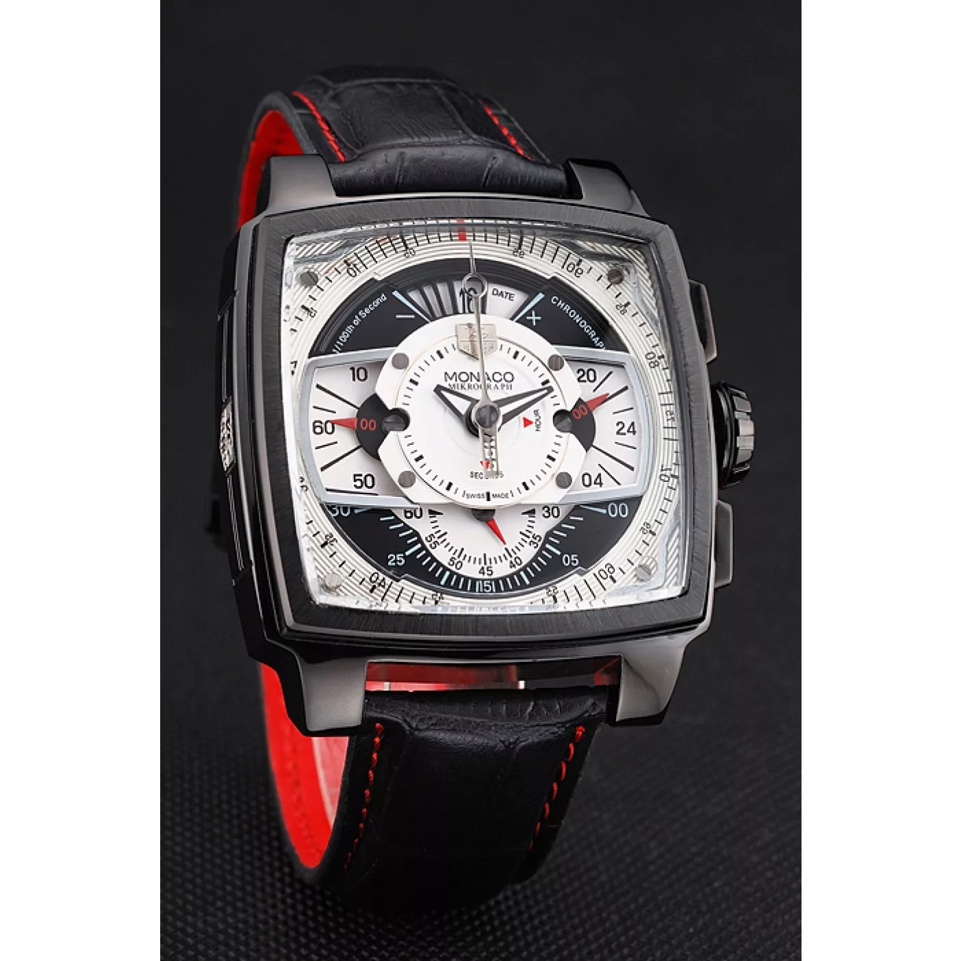 Aaa replica Tag Heuer Monaco Black-Red Perforated Leather Strap White Dial 80307 0123