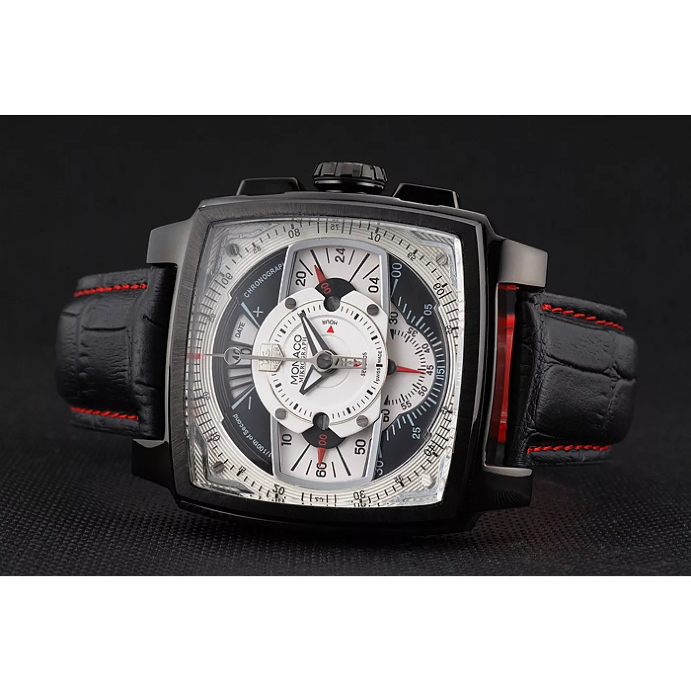 Aaa replica Tag Heuer Monaco Black-Red Perforated Leather Strap White Dial 80307 0123