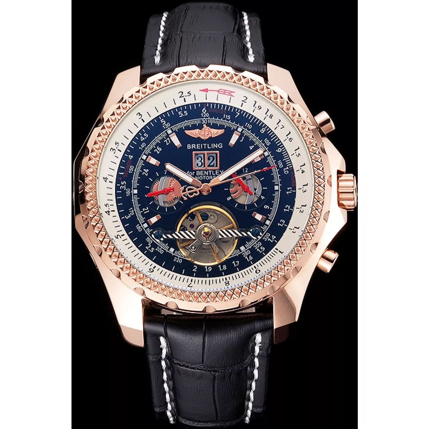 Breitling For Bentley Mulliner Tourbillon Black Dial Rose Gold Case Black Leather Strap 0124