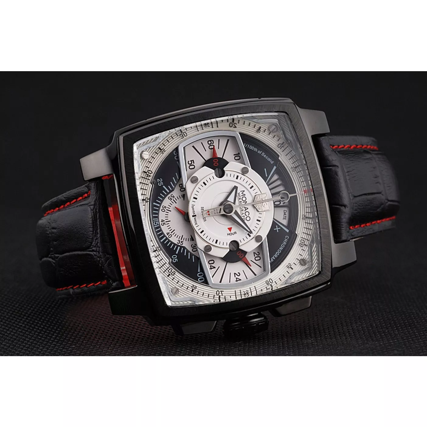 Aaa replica Tag Heuer Monaco Black-Red Perforated Leather Strap White Dial 80307 0123