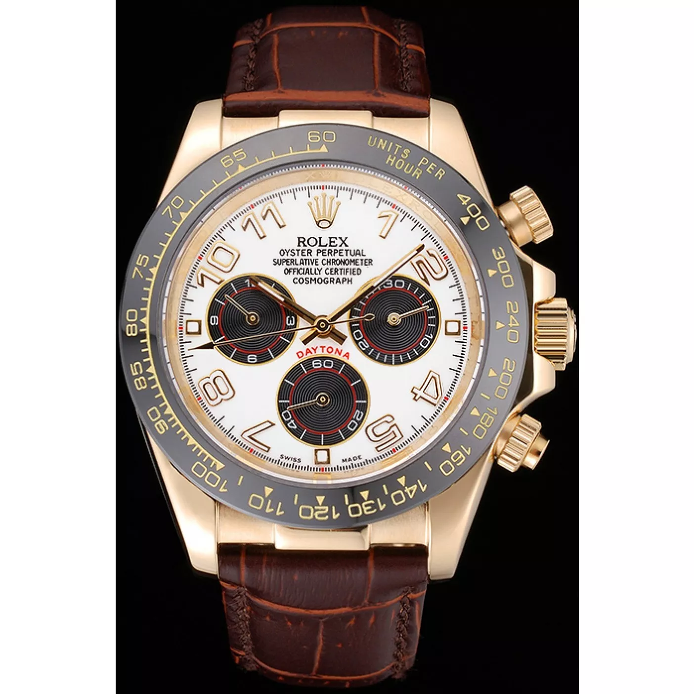 Rolex Cosmograph Daytona Gold Case Black Subdials Brown Leather Bracelet 622634 0128