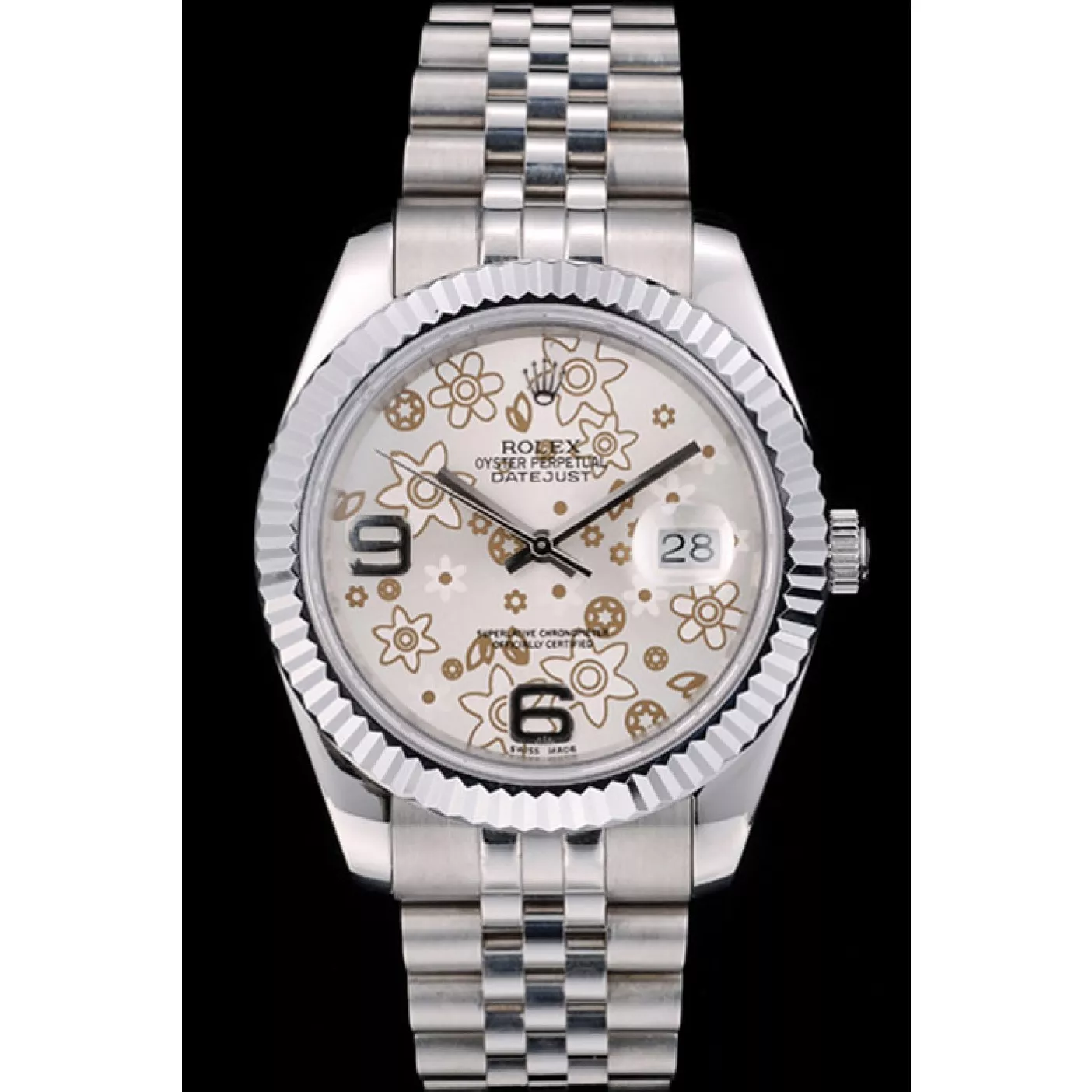 Aaa replica watch Rolex DateJust Stainless Steel Ribbed Bezel Flower Silver Dial 41983 0128