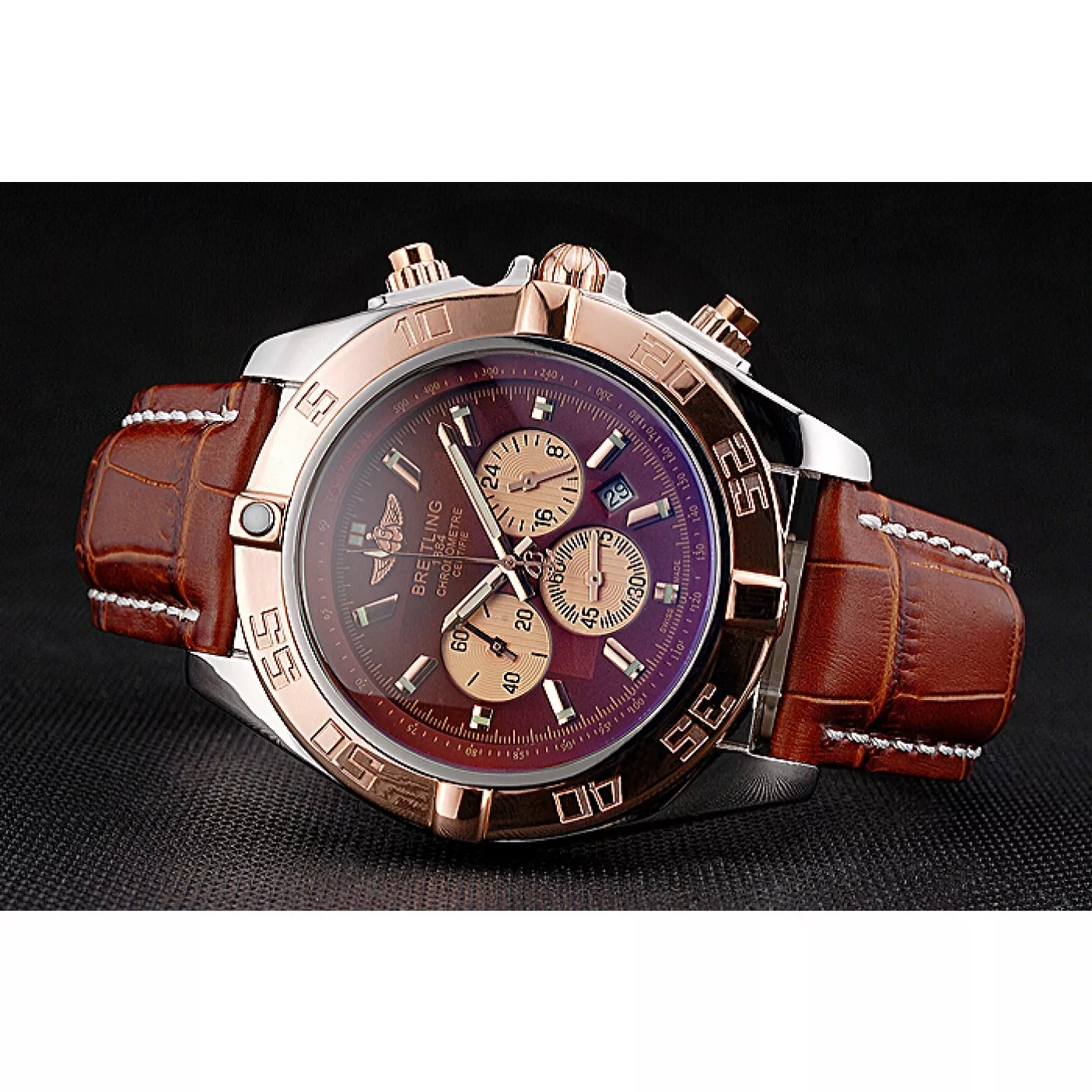 Aaa replica watch Breitling Chronomat Brown Dial Rose Gold Bezel And Subdials Stainless Steel Case Brown Leather Strap 0124