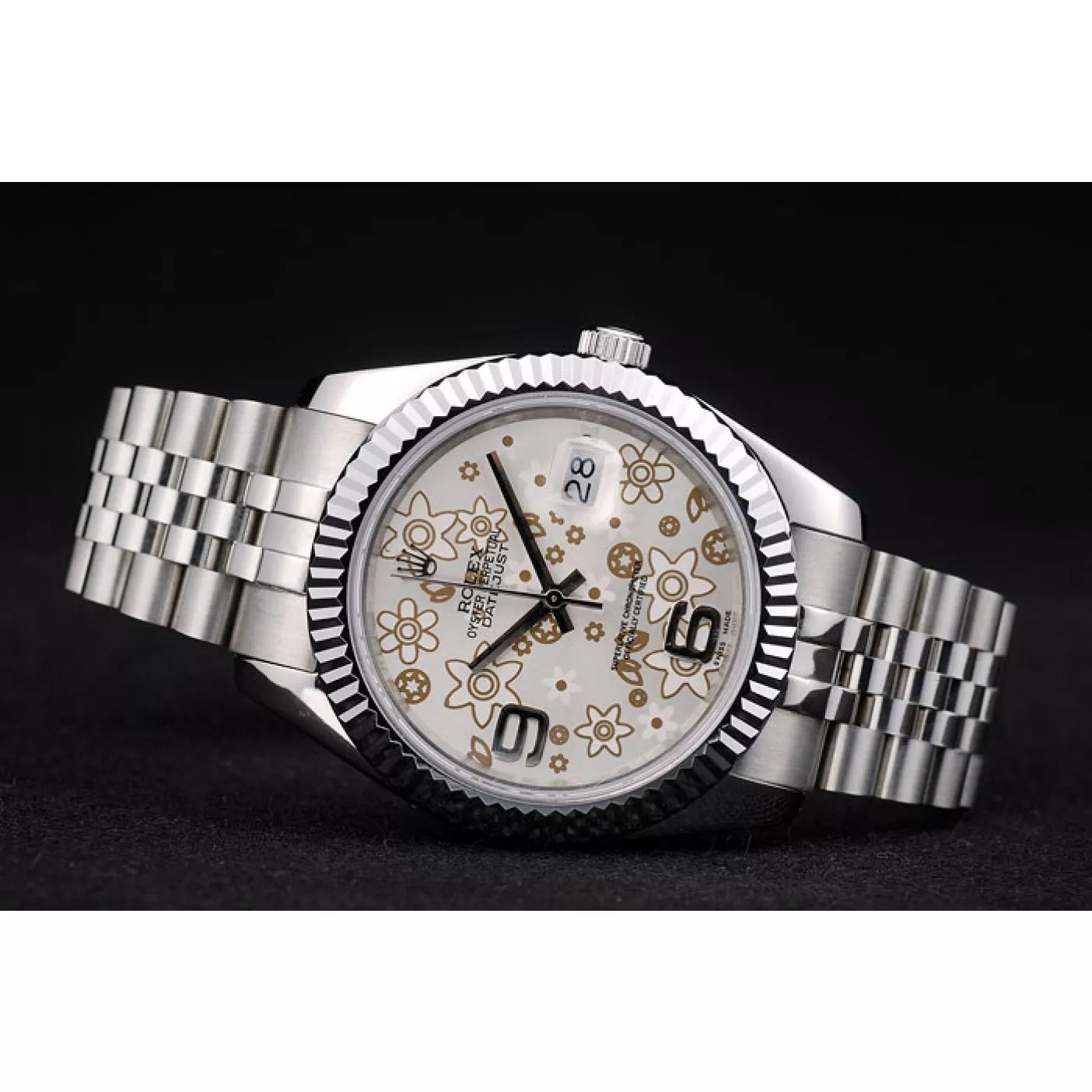 Aaa replica watch Rolex DateJust Stainless Steel Ribbed Bezel Flower Silver Dial 41983 0128