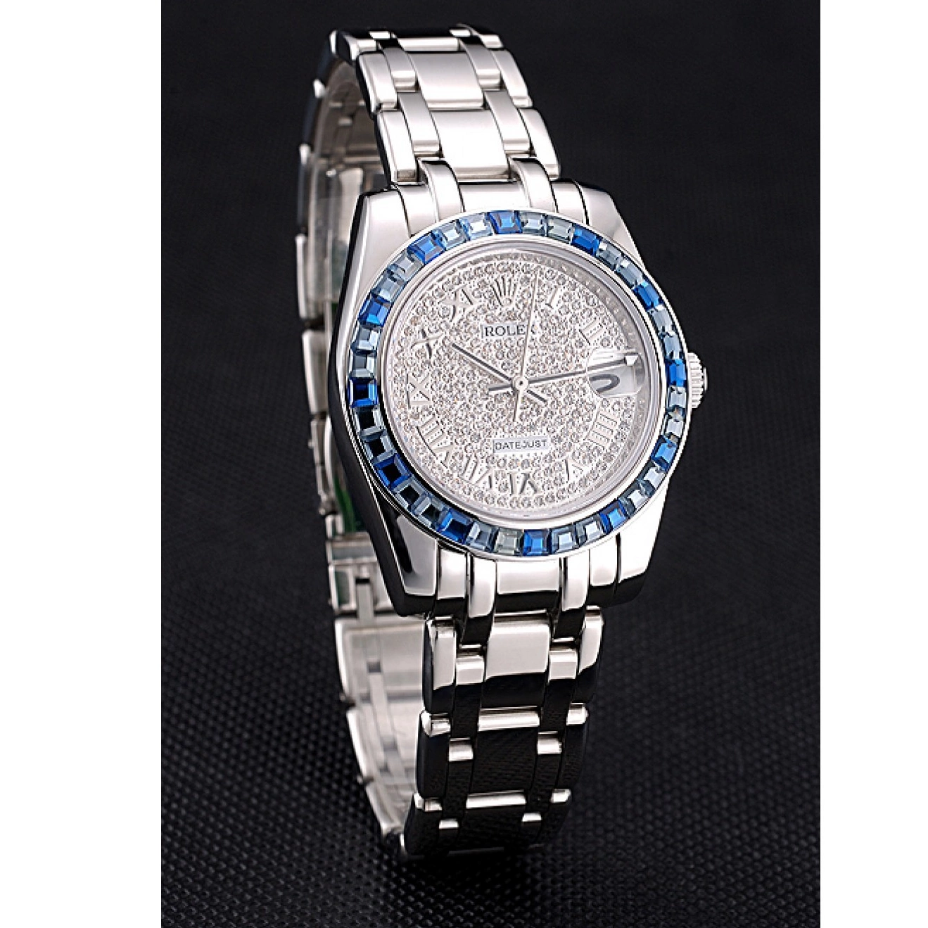 Aaa fake watches Rolex Datejust Diamond Stainless Case Dial 622834 Blue Jewels Bracelet And Steel Bezel 0210