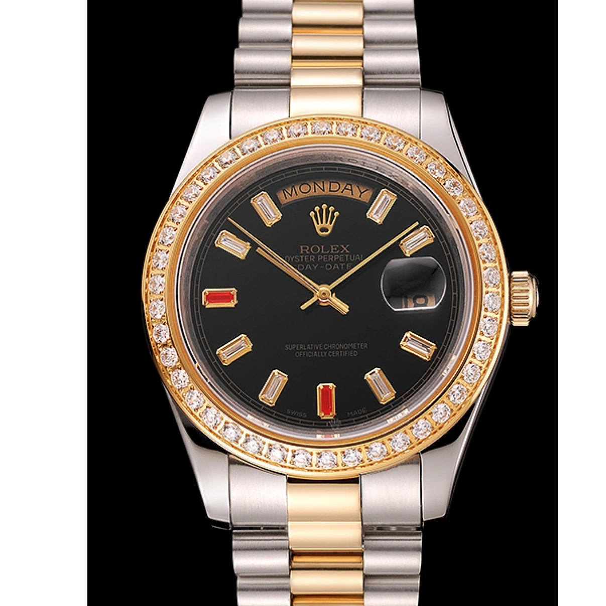 Aaa replica 1454105 Two Black Diamonds Rubies And Swiss Dial Day-Date Rolex Tone Bracelet 0221