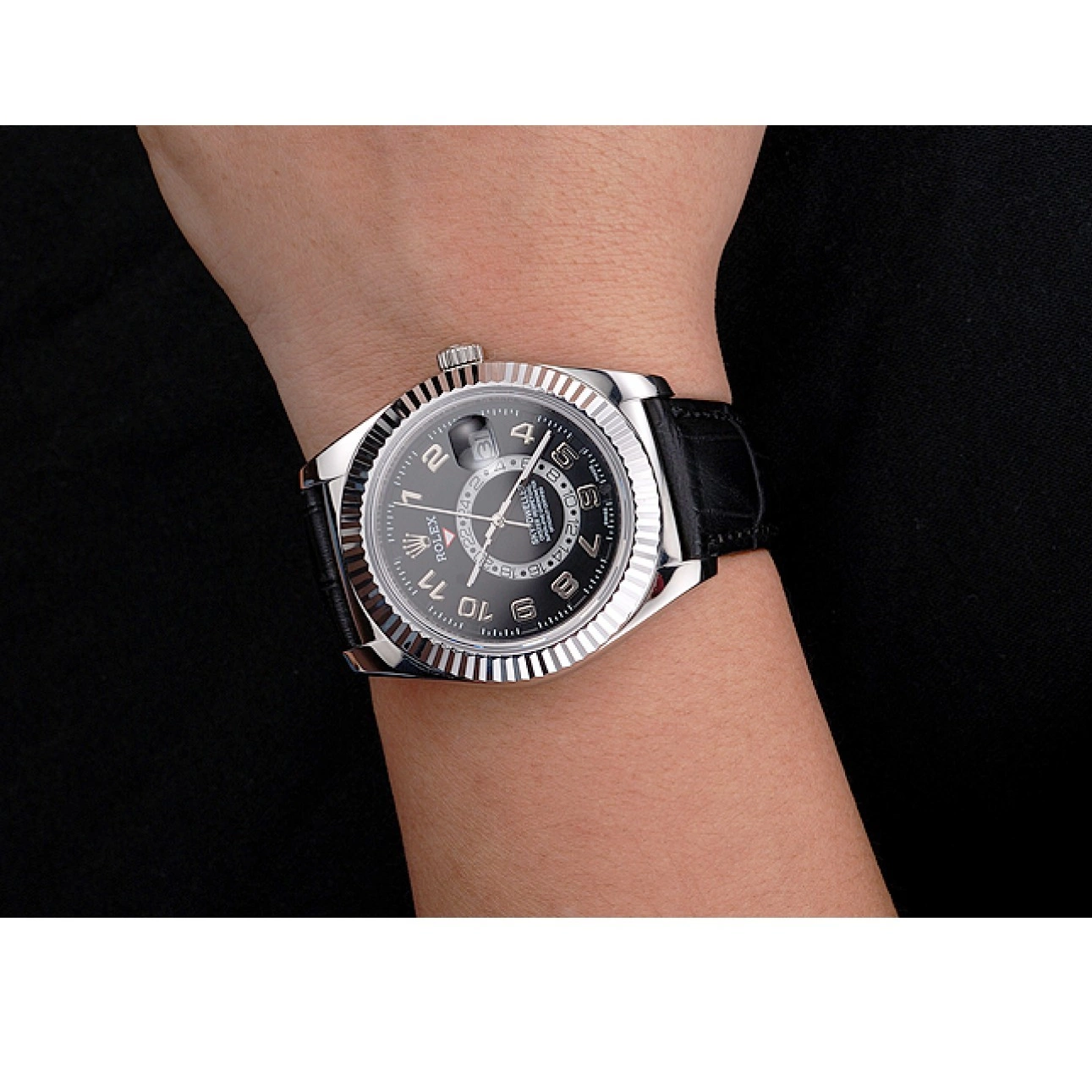 Aaa replica watch Black Stainless Black Leather Dweller Steel Dial Strap Rolex Sky Case 0213