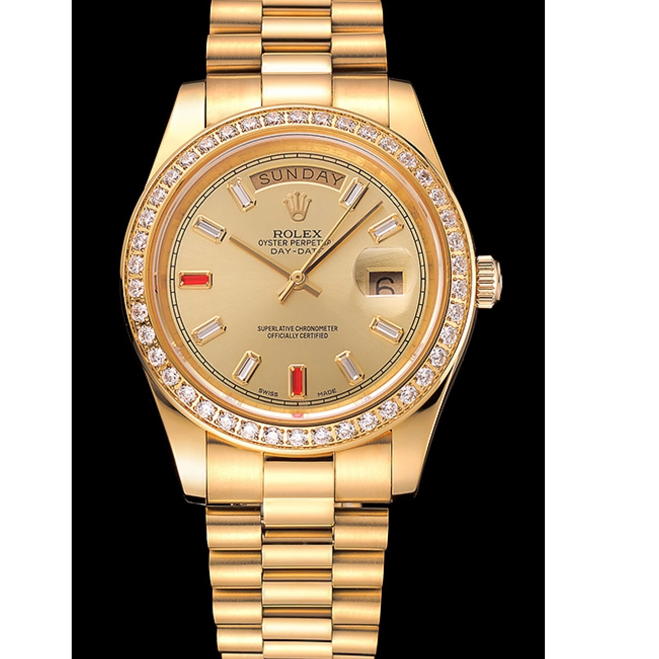 Aaa fake watches Rolex Champagne Dial Gold Swiss And Day-Date Bracelet Rubies Diamonds 1454100 0214