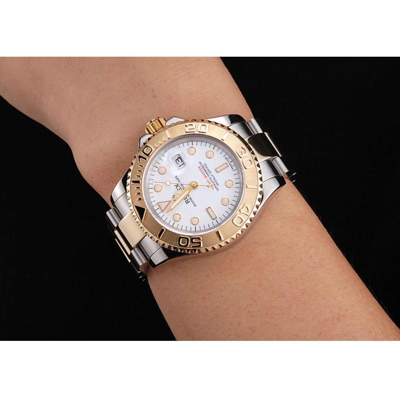 Aaa replica Bracelet Swiss Rolex Bezel Gold Tone White Case Dial Stainless Two Yacht-Master Steel 0215