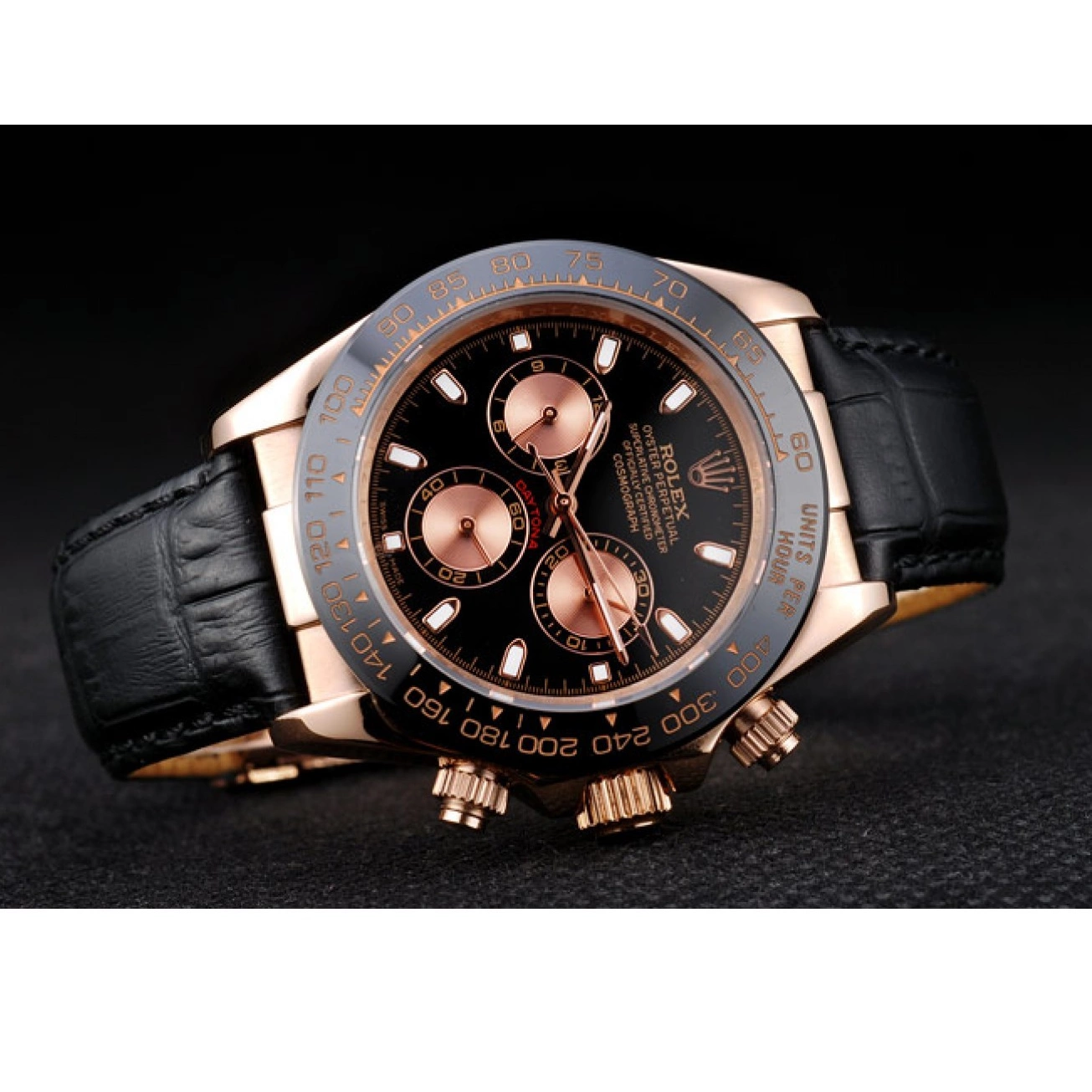 Aaa replica Strap Black Daytona Case Leather Black Rose Rolex Gold Dial 0214