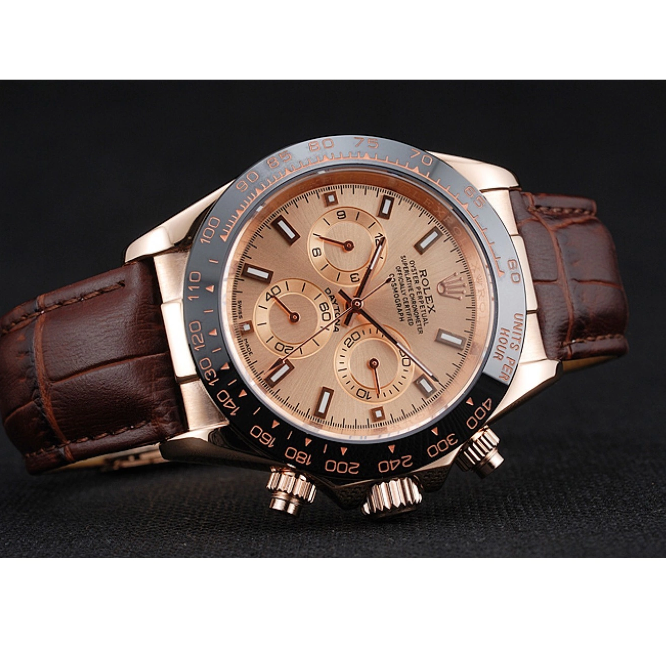 Aaa replica Case Brown Cosmograph Gold Dial Rolex 1454243 Bracelet Rose Daytona Leather Brown 0227