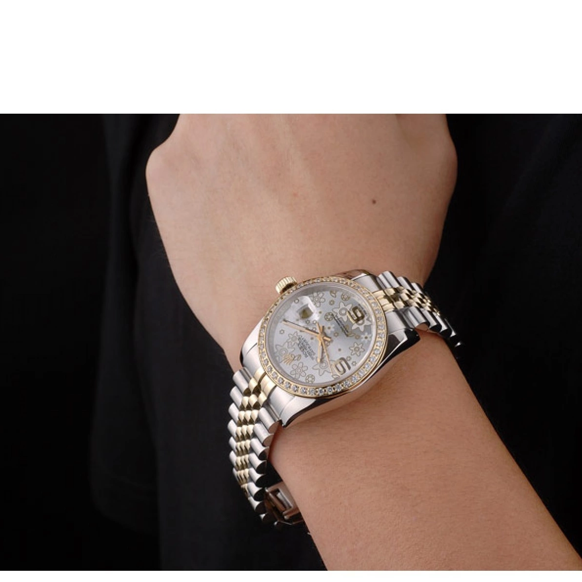 Aaa replica Stainless Brushed Case Silver Rolex DateJust Plated Flowers Diamonds Dial Steel 0208