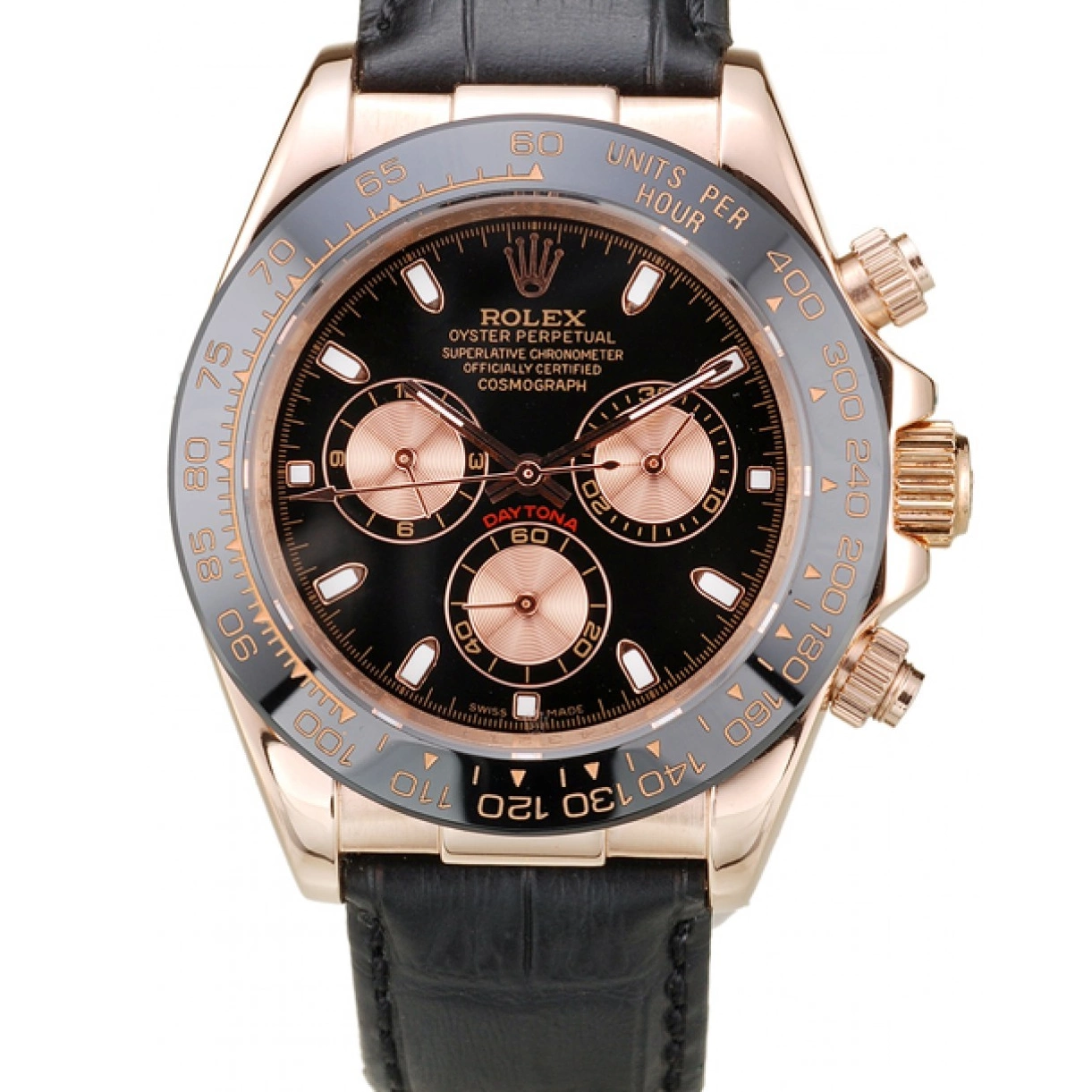 Aaa replica Strap Black Daytona Case Leather Black Rose Rolex Gold Dial 0214